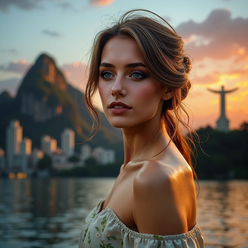 A captivating cinematic close-up photograph of a voluptuous, boho-chic woman with brown hair in a loose updo and a fair complexion. Shestands on a terrace or balcony, gazing peacefully at the camera with a serene expression. She dons a low-cut, light blue tank top that accentuates her beauty. The background reveals a mesmerizing view of a cityscape with golden sunlight casting warm hues over the scene. The overall atmosphere of the image is tranquil and enchanting., cinematic, dark fantasy, 3d render, photo, vibrant, fashionLess