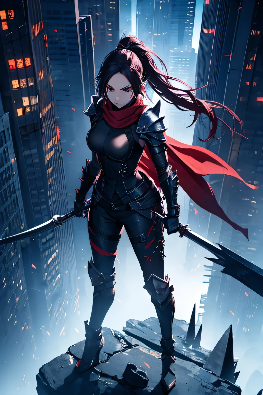 ninja, female, mechanical, heavy metal, armor, darkness, wielding chained sickle, spikes, long red scarf, standing on top of a skyscraper, best quality, high resolution, 8k, dynamic lighting, rough texture, shadowing