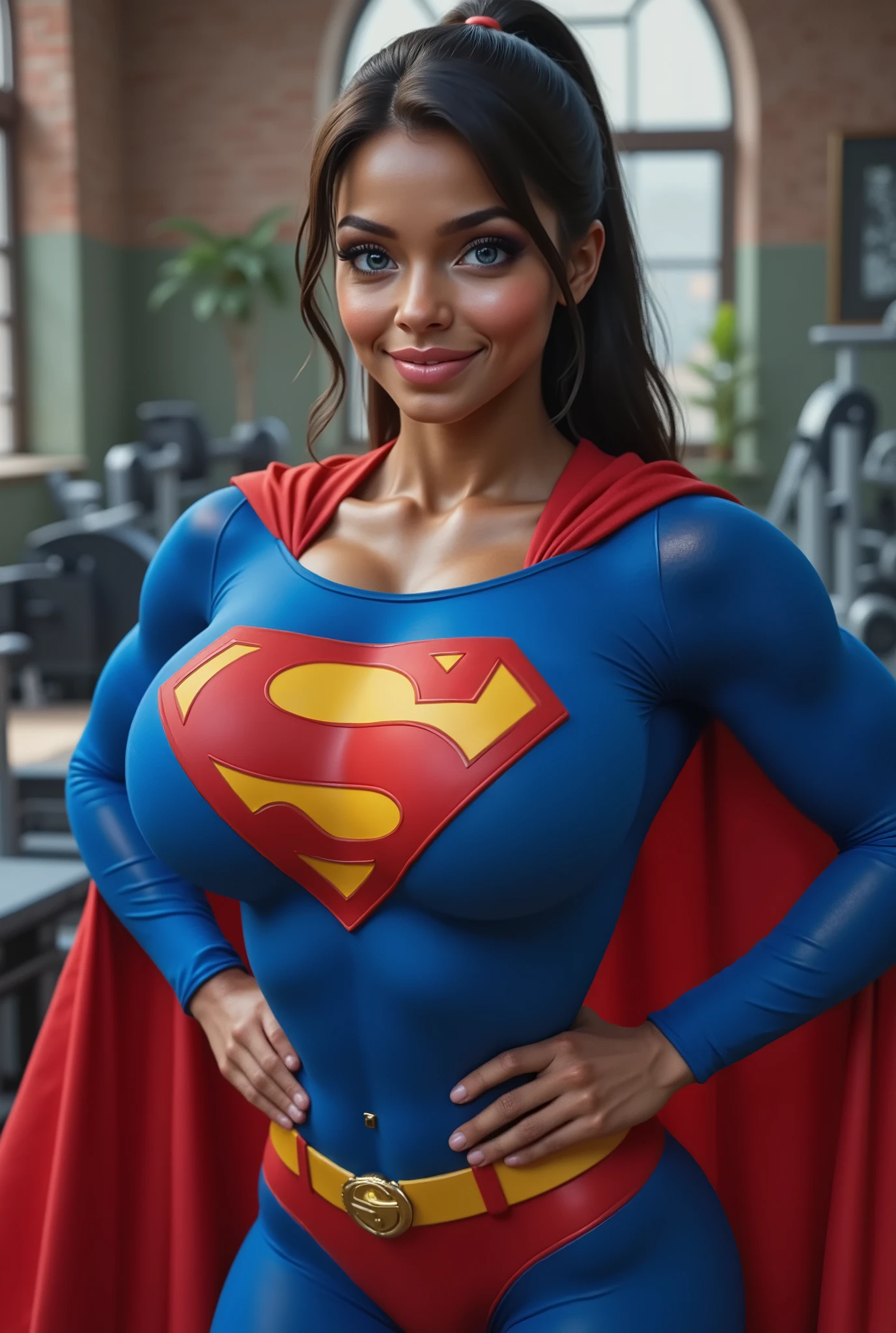 (LIFTING LARGE HEAVY WEIGHTS AT A GYM) SEXY BLACK AFRICAN 17-YEAR-OLD FEMALE COSPLAYER WITH crystal BLUE EYES **"FULL ENTIE BODY STANDING POV OF A stunning, highly detailed, and ultra-realistic portrait of a SEXY BLUE EYED I GIRL, proudly wearing the iconic RETRO 1980 SUPERMAN costume. The vibrant royal blue bodysuit shimmers under the soft natural lighting, adorned with a bold, raised red and yellow 'S' emblem on her chest, signifying her legacy as Superman’s daughter. A flowing red cape BILLOWING behind her, its silky texture catching the light, enhancing the depth of the image. Her long, jet-black hair is neatly pulled back into a sleek ponytail, revealing her striking blue eyes that radiate confidence and warmth. She has a bright, playful smile, showcasing her pearly white teeth, adding to her charismatic presence. Her skin appears flawless, glowing naturally, with soft highlights accentuating her features black hair, longeyelashes, solid circle eyes, 8k, super detail, best quality, highres, award winning, best quality, super detail, textured skin, UHD, retina masterpiece, best quality, high quality, extremely detailed CG unity 8k wallpaper, Depth of Field, HDR, bloom, Chromatic Aberration ,Photorealistic,extremely detailed, trending on artstation, trending on CGsociety, Intricate, High Detail, dramatic, art by midjourney