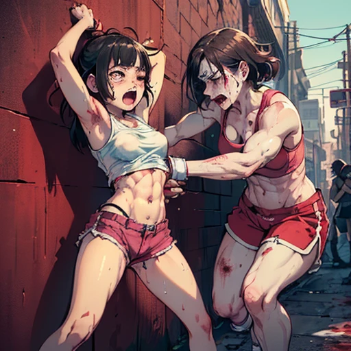 Two men and women fighting in a street fight。A female street fighter is crying after being beaten。Covered in bruises。Bloody。shortness of breath。Drooling。Frightened expression。Running out of energy。Sweaty。Short black hair。Open Finger Gloves。Upper body naked。Denim shorts。Erect nipples。One eye closed。Leaning back。A man's fist hits a woman's face。