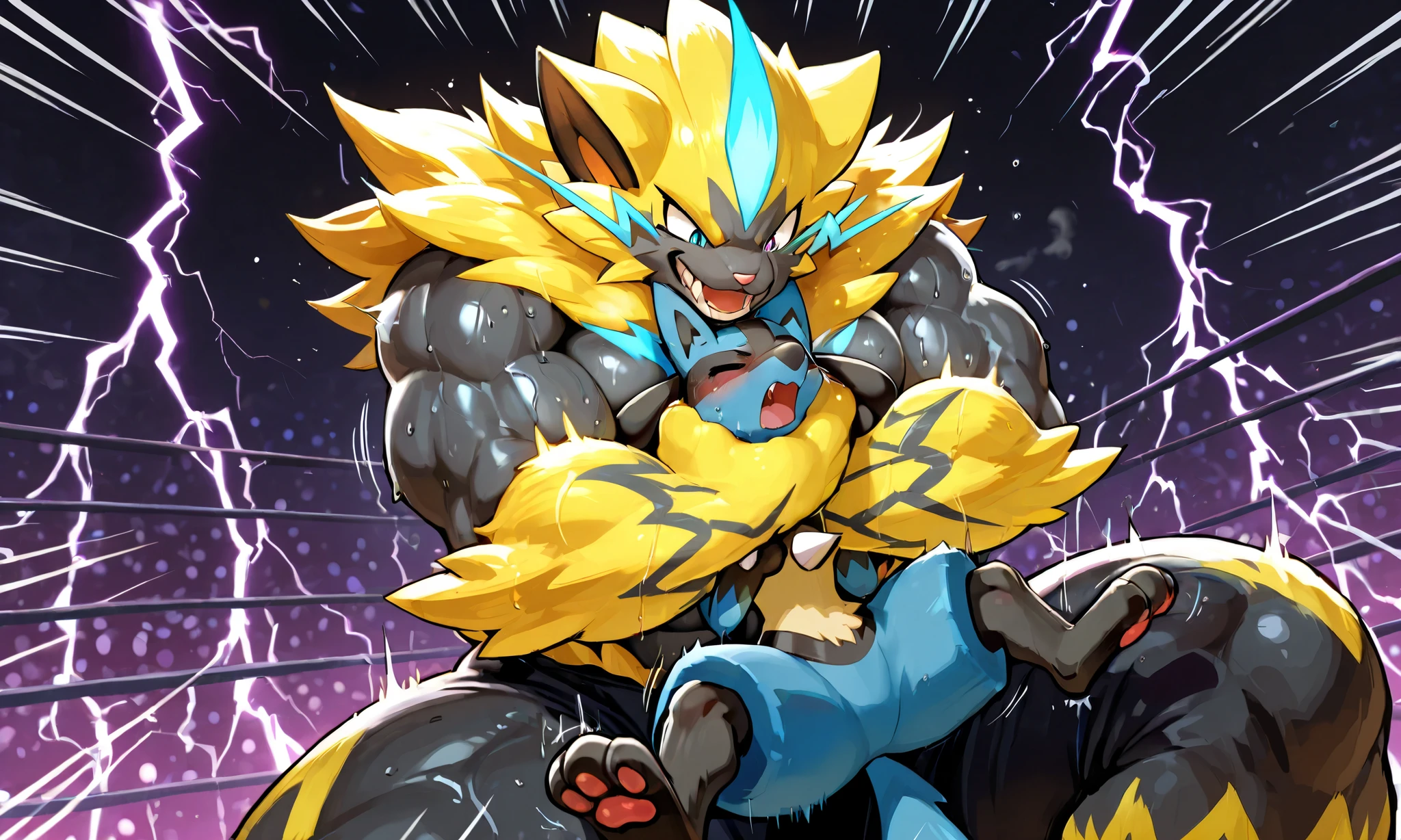 giant feral zeraora, small feral lucario, wresling, side choke hold, [zeraora:carrying person, head lock from side, arms around neck, heavy weight bulky fat, giant plump muscular body, venis popping, evil grin, looking each other, spread legs wide, wearing wretling red spats, sweaty], [lucario:small build, head between arms and pecs, close legs, pain, closing eyes, open mouth],size difference, motion blur, motion line, fighting arena background, lightning thunder trails, from below