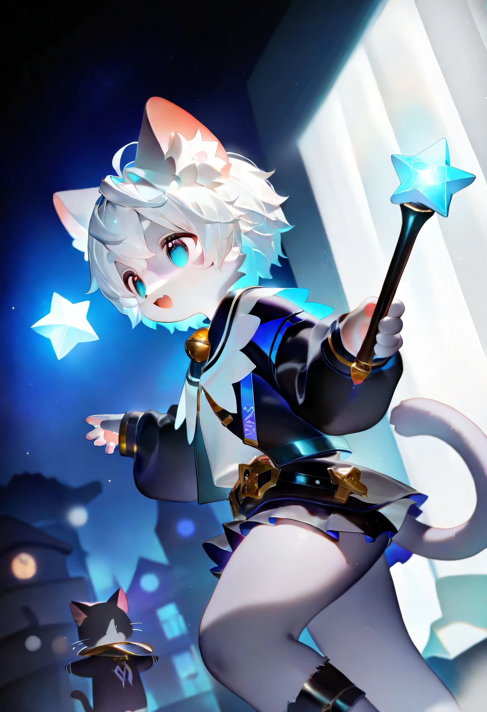 (LV1 _ Rubily ), xi410, 748 cm , alens , Nyalia , Advantages , 1 boy , unique , furry, cute, beast, masterpiece, best quality, Very Detailed,white hair and gray fur , cat,,participate, furry毛 ,trend,Dressed like a magical ager,Mini Skirt, Magic Wand,alone