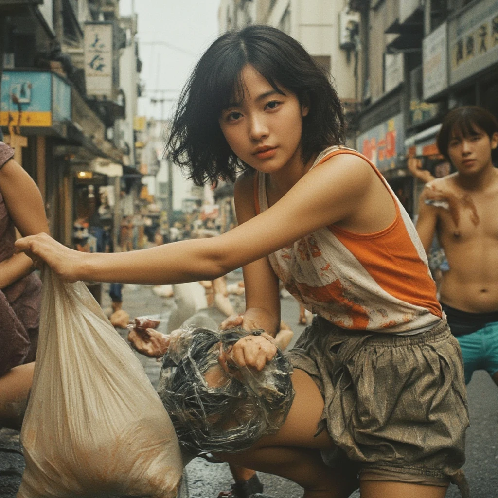 Slums, people come and go, a lot of men, an Asian beauty, spread her legs, rubbish on the floor, dirty, pee, garbage, masterpiece, best quality, delicate face, highly detailed, white transparent bikini, barefoot, sloppy