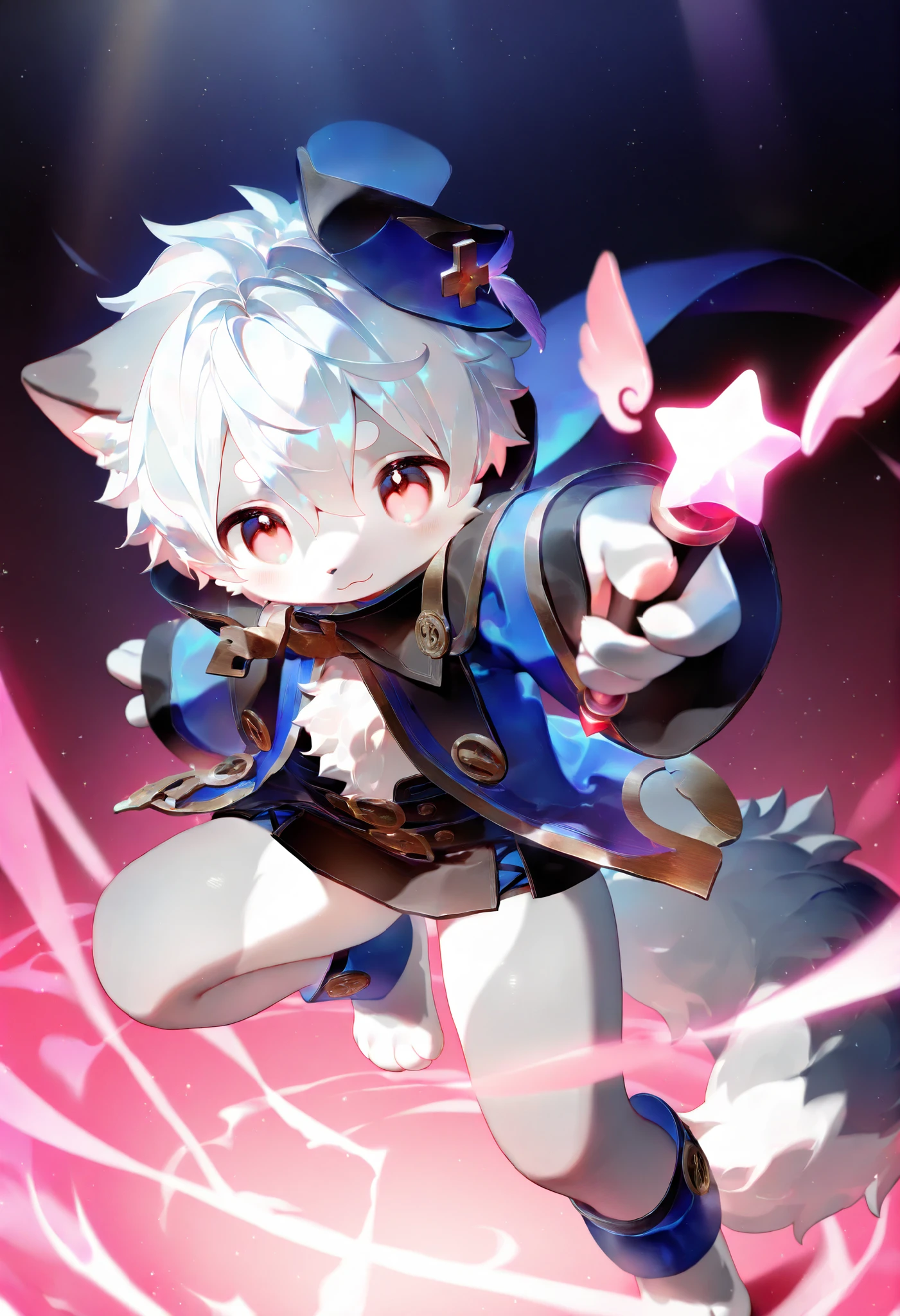 (LV1 _ Rubily ), xi410, 748 cm , alens , Nyalia , Advantages , 1 boy , unique , furry, cute, beast, masterpiece, best quality, Very Detailed,white hair and gray fur , cat,,participate, furry毛 ,trend,Dressed like a magical ager,Mini Skirt, Magic Wand,alone