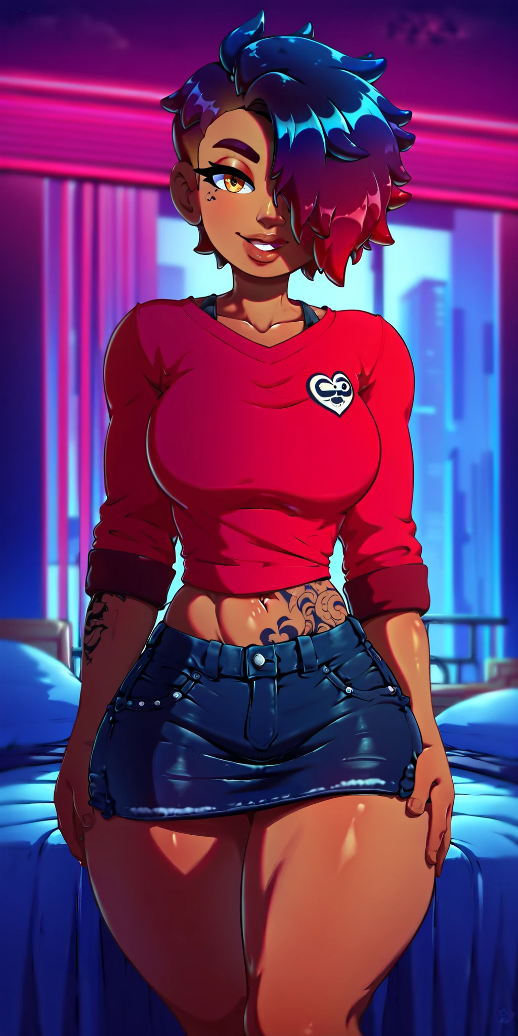 4K Quality, ((big smile)), (tattoo), (black denim skirt), sexy pose, (dark skinned tomboy), (black and red gradient hair), ((hair cover one eye)), amber eyes, cute eyebrows, ((dark skinned)), ((red shirt)), toned body, ((thick thighs)), big breasted, (big ass), (facing the viewer), (full lips), (cowboy shot), (red neon bed room), night time, city background,