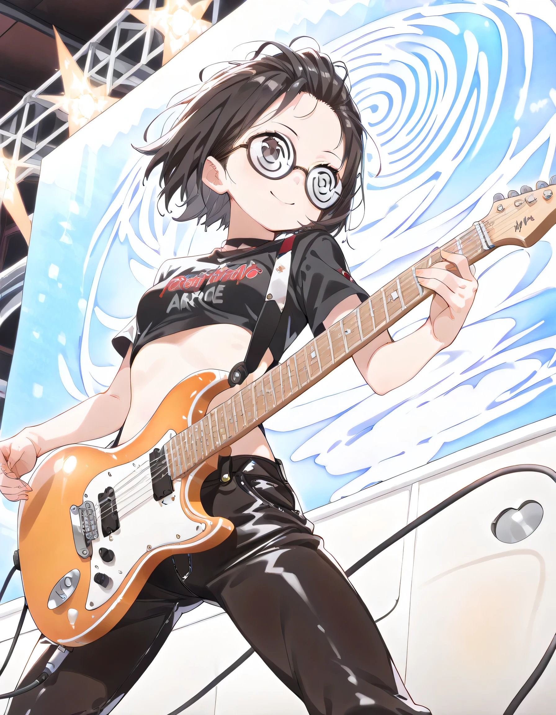 (dynamic angle:1.3,dynamic pose:1.3),(looking away:1.3)+,speedy play the guitar,pride,solo,14years old,black short hair,forehead,spiral glasses,looking away:1.3,smile,natural cosmetic,sexy slim,flat breasts,cropped shirt,wide-leg pants, electric guitar,absolute area:1.3,lineart+,red-light district at night background,manga style,illustration,memorial shot,nostalsic scene