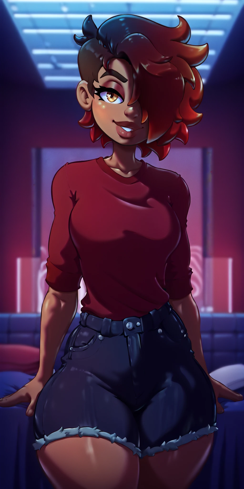 4K Quality, (dark skinned tomboy), ((big smile)), (black denim skirt), sexy pose, (black and red gradient hair), ((hair cover one eye)), amber eyes, cute eyebrows, ((dark skinned)), ((red shirt)), toned body, ((thick thighs)), big breasted, (big ass), (facing the viewer), (full lips), (cowboy shot), (red neon bed room), night time, city background,