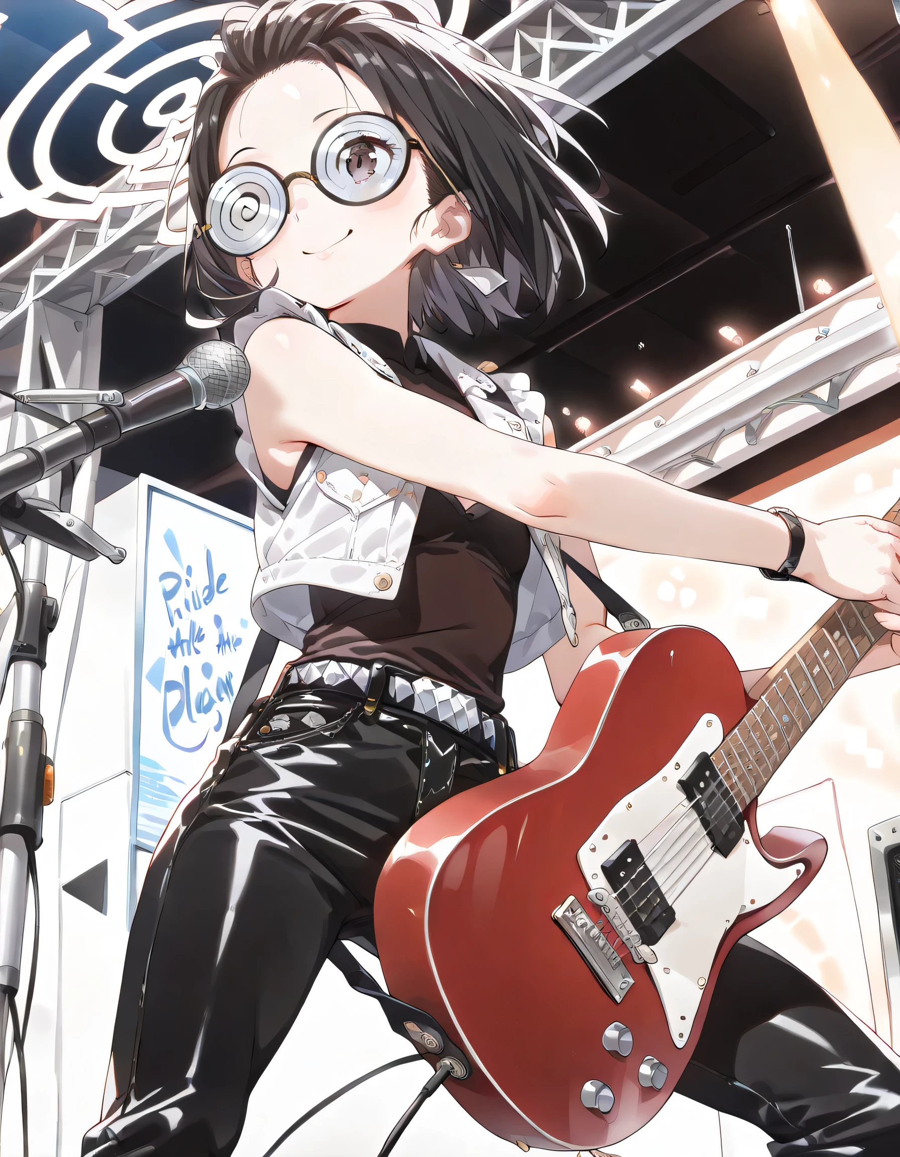 (dynamic angle:1.3,dynamic pose:1.3),(looking away:1.3)+,speedy play the guitar,pride,solo,14years old,black short hair,forehead,spiral glasses,looking away:1.3,smile,natural cosmetic,sexy slim,flat breasts,sleeveless jacket,wide-leg pants, electric guitar,absolute area:1.3,lineart+,red-light district at night background,manga style,illustration,memorial shot,nostalsic scene