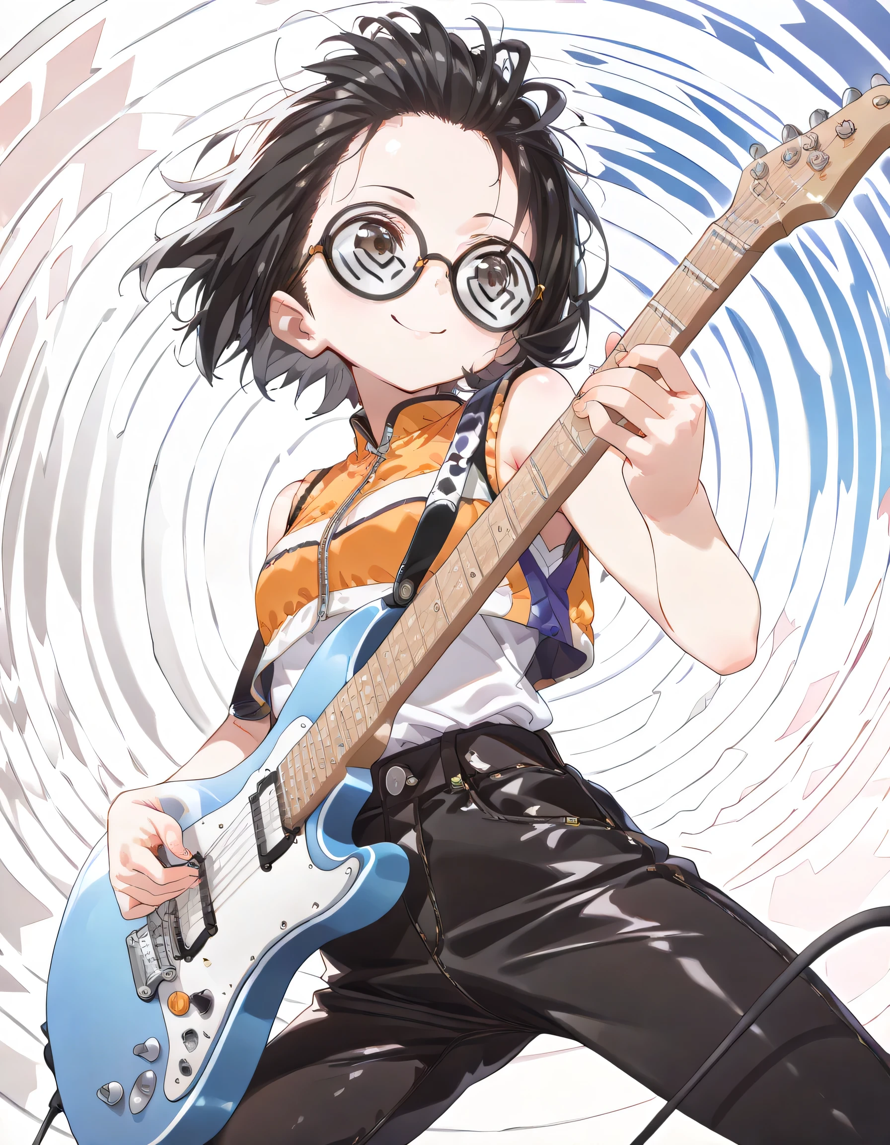 (dynamic angle:1.3,dynamic pose:1.3),(looking away:1.3)+,speedy play the guitar,pride,solo,14years old,black short hair,forehead,spiral glasses,looking away:1.3,smile,natural cosmetic,sexy slim,flat breasts,sleeveless jacket,wide-leg pants, electric guitar,absolute area:1.3,lineart+,red-light district at night background,manga style,illustration,memorial shot,nostalsic scene