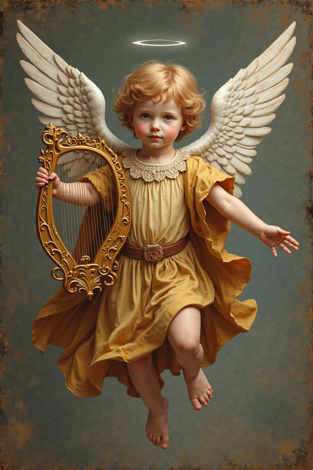 The Twelfth Major Arcana of the Tarot, The Hanged Man, reimagined with a whimsical, cherubic twist. In the center, a cherub floats serenely in a field of vibrant white clouds, its plump body adorned with intricate gold leaf patterns that shimmer against the stark white fabric of its draped loincloth. The cherub's youthful face is a picture of contentment, with a knowing smile playing upon its lips as it hangs upside down from a sturdy, golden bough that arches gracefully from the bottom of the card. The sky above is a tranquil shade of blue, with the number XII in an elegant golden script emblazoned upon it. The cherub's four chubby fingers hold onto a golden ring attached to a blue ribbon, which trails down to the base of the card. The background is a blend of soft pastels, with gentle strokes of blue and gold that symbolize life and happiness. Above the cherub, three golden rings are arranged in a triangle, emanating a warm glow, while the card's border is a detailed, yet subtle, interplay of blue and white, reminiscent of the sky and clouds. The overall atmosphere is one of ethereal bliss, with the cherub's playful stance and the harmonious color scheme inviting the viewer to find joy in the suspension of traditional perspectives.