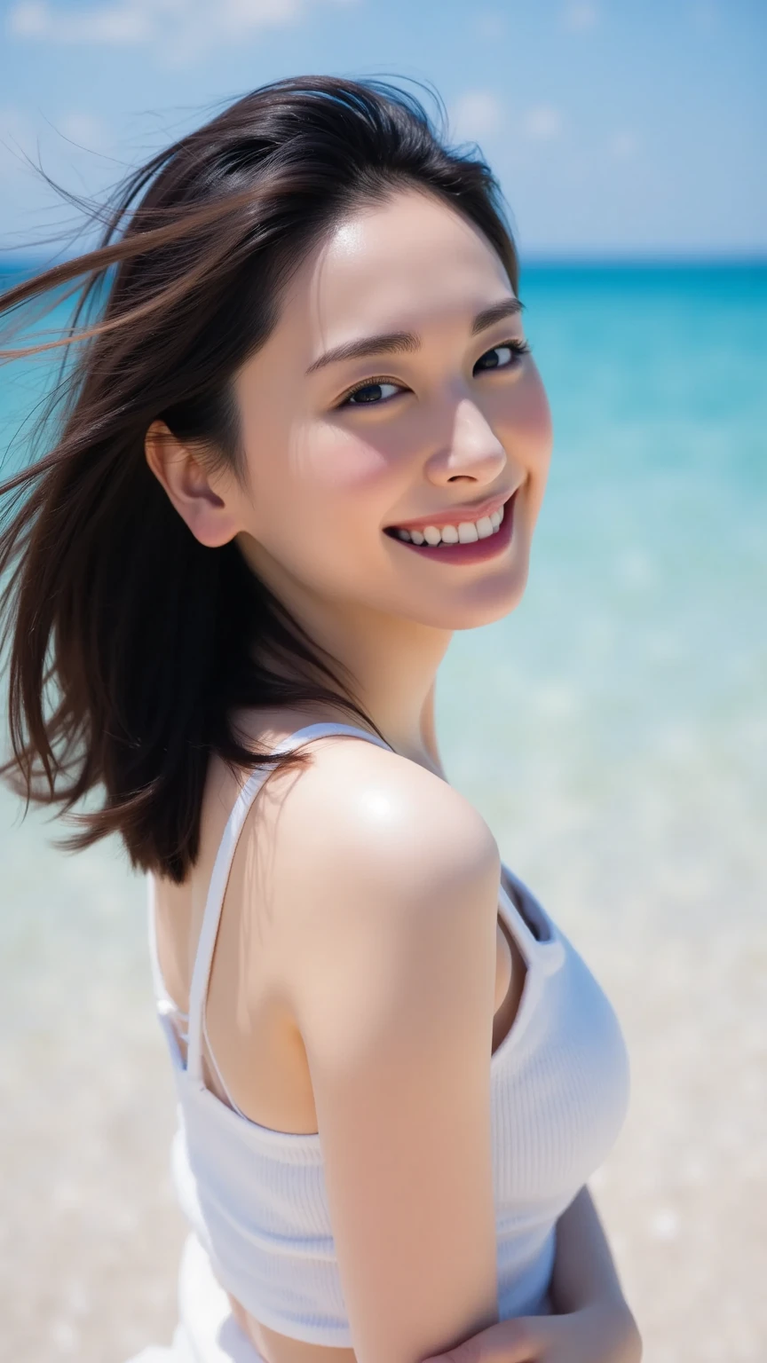 (8k, RAW photo, best quality, masterpiece:1.2), (realistic, photo-realistic:1.4), (extremely detailed 8k wallpaper), sharp focus, depth of field, blur background, bokeh,  cinematic lighting, soft light, upper body, 20 years old Japanese idol on the beach.short hair, (swimsuit: 1.5), smile