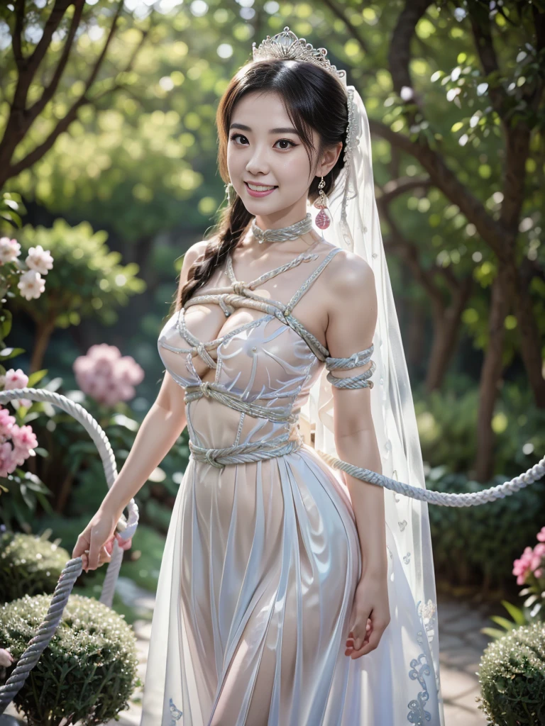 (((super weight milk)))、(A fierce battle with the dragon)、highest quality、masterpiece、ultra high resolution、(白Dragon Armor)、Dragon Armor、(wears a beautiful crown made of precious stones)、(Photoreal:1.4)、Raw photo、1 girl、golden hair、glowing skin、(((chinese dragon)))、(Expression like a gorgeous jewelry necklace)、(Fight against big dragons)、with a beautiful knife、(white metal bodysuit)、(beautiful forest background)、sheer cliff、(Small LED)、((Super realistic details))、Portrait、global illumination、shadow、octane rendering、8K、super vivid、big breasts、Raw skin exposed in cleavage、Metal、intricate ornamental details、japanese details、yellow eyes、shining eyes、facing the camera、neon detail mechanical limbs)、(Blood vessels connected to the ductechanical vertebrae attached to the back、mechanical cervical vertebrae)Worn on the neck、(Wires or cables connected to the head)、Mechanical thigh、two stock、(Hands are also machine made)、(veil)、Very heavy chest、