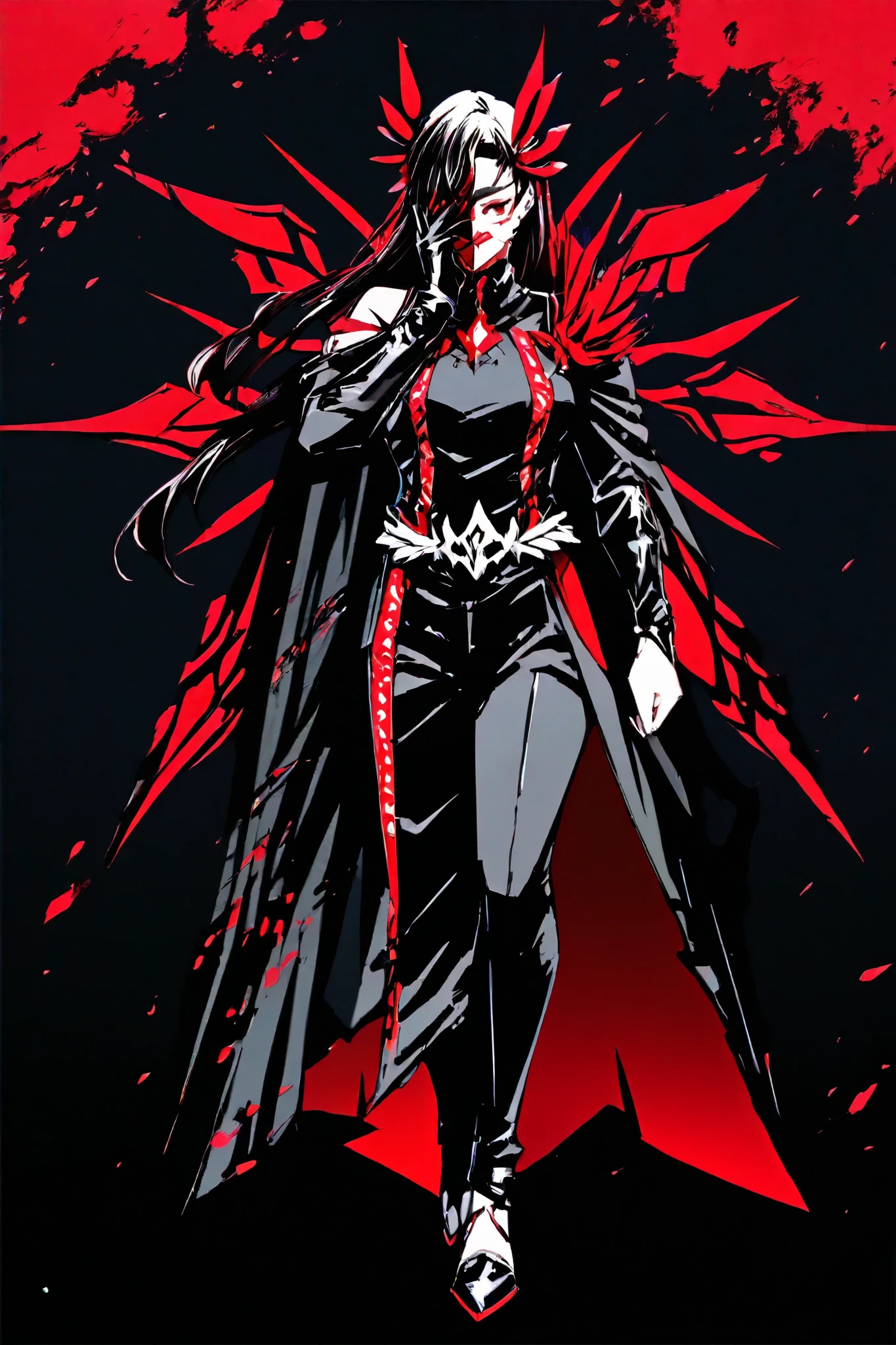 Apariencia full body:
He wears a black suit with red details, inspired by modern shinobi, with a partial mask that covers half of his face. His hair is silver with dark reflections and his eyes shine with a shade of crimson in the dark.