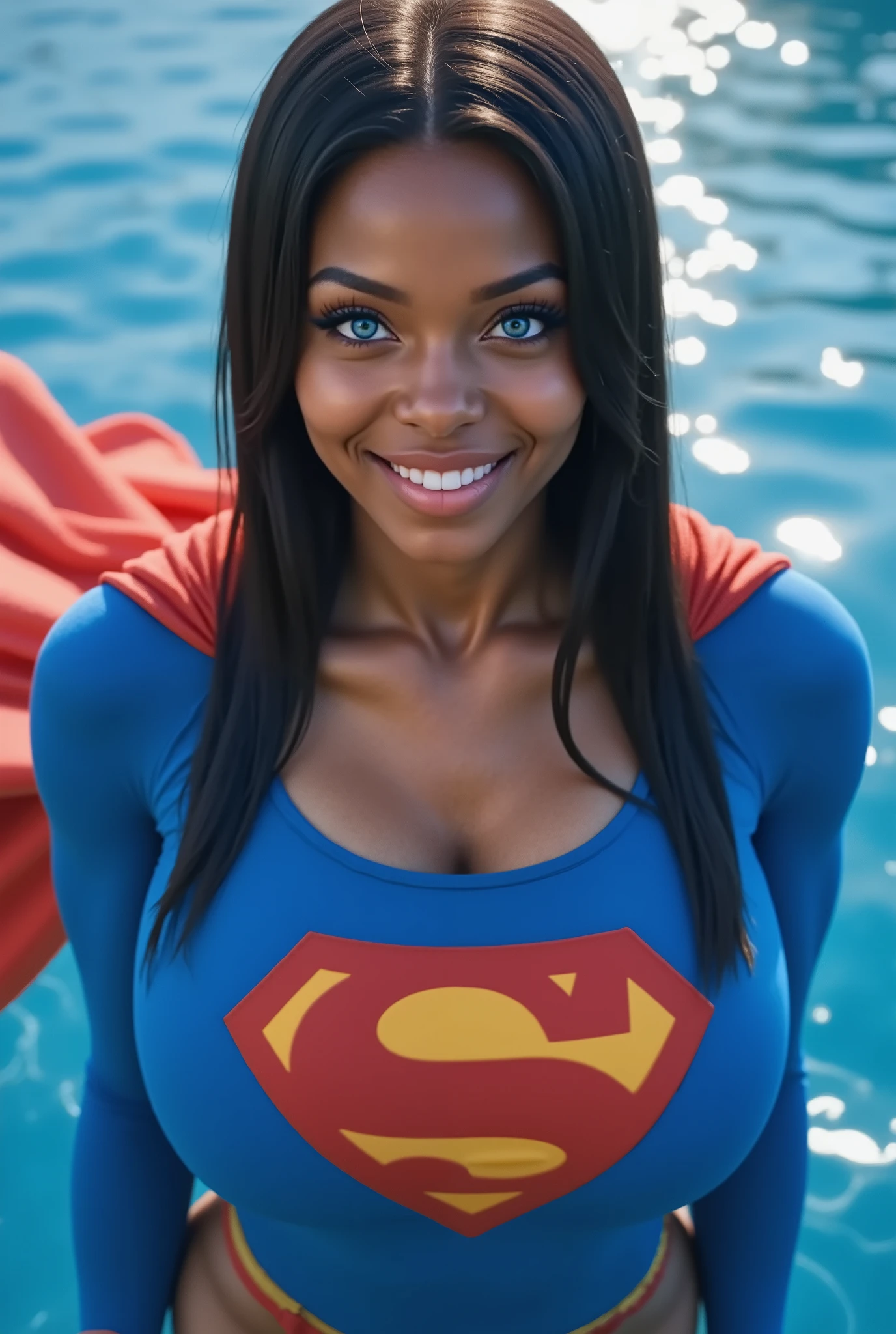 (HOVERING INCHES ABOVE A CRYSTAL BLUE LAKE) SEXY BLACK AFRICAN 17-YEAR-OLD FEMALE COSPLAYER WITH crystal BLUE EYES **"FULL ENTIE BODY STANDING POV OF A stunning, highly detailed, and ultra-realistic portrait of a SEXY BLUE EYED I GIRL, proudly wearing the iconic RETRO 1980 SUPERMAN costume. The vibrant royal blue bodysuit shimmers under the soft natural lighting, adorned with a bold, raised red and yellow 'S' emblem on her chest, signifying her legacy as Superman’s daughter. A flowing red cape BILLOWING behind her, its silky texture catching the light, enhancing the depth of the image. Her long, jet-black hair is neatly pulled back into a sleek ponytail, revealing her striking blue eyes that radiate confidence and warmth. She has a bright, playful smile, showcasing her pearly white teeth, adding to her charismatic presence. Her skin appears flawless, glowing naturally, with soft highlights accentuating her features black hair, longeyelashes, solid circle eyes, 8k, super detail, best quality, highres, award winning, best quality, super detail, textured skin, UHD, retina masterpiece, best quality, high quality, extremely detailed CG unity 8k wallpaper, Depth of Field, HDR, bloom, Chromatic Aberration ,Photorealistic,extremely detailed, trending on artstation, trending on CGsociety, Intricate, High Detail, dramatic, art by midjourney