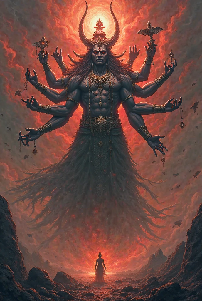 A demoniac landknt with a beard, long hair, mustache, on his knees, witnessing the death of the universe, Tornado, Neoclassical, (Jake and Dinos Chapman:1.25), Poppies, Disquieting, Afterimage and optical illusion colors, Symmetry, Tempera, Spotlight, Parchment, Cylinder, ultra detailed, intricate, oil on canvas, <lora:landknt:0.5>