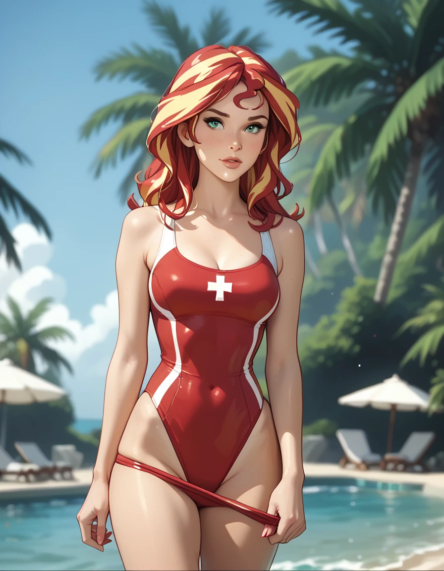 score_9, score_7_up 1girl, solo, mature female, helen parr, sitting, pool, wading, one-piece swimsuit, lifeguard, poolside,