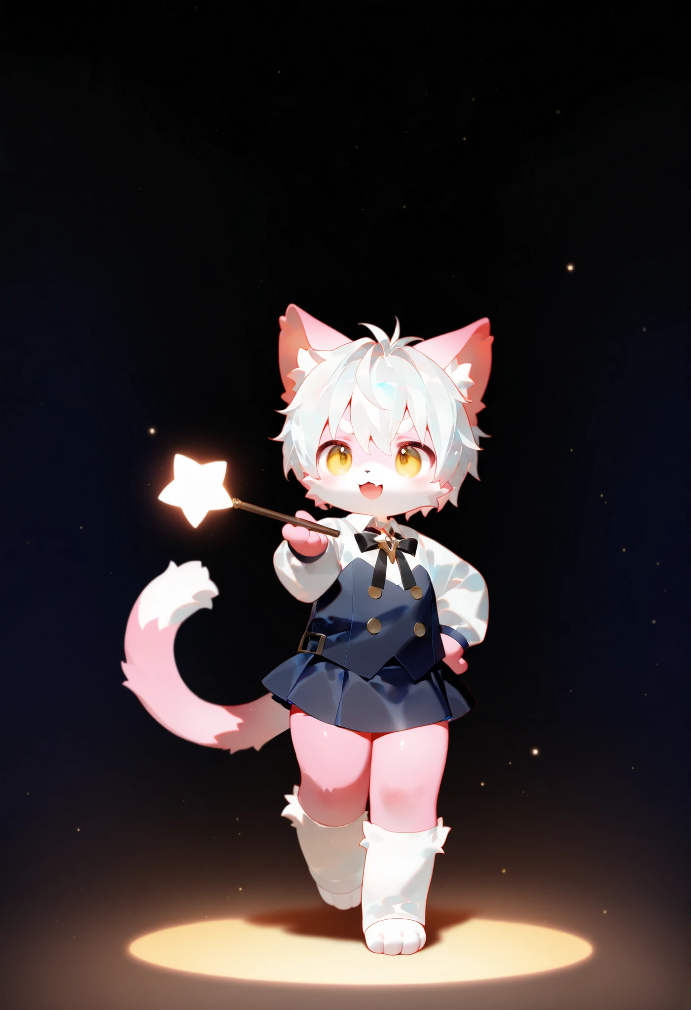 (LV1  _ Rubily ), xi410, 748 cm , alens  , Nyalia  , Advantages ,  1 boy  , unique , furry,  cute, beast,  masterpiece, best quality, Very Detailed,White hair and pink fur , cat,,participate, furry毛 ,trend,dressed very much like a magical ager，Mini Skirt， Magic Wand,alone,