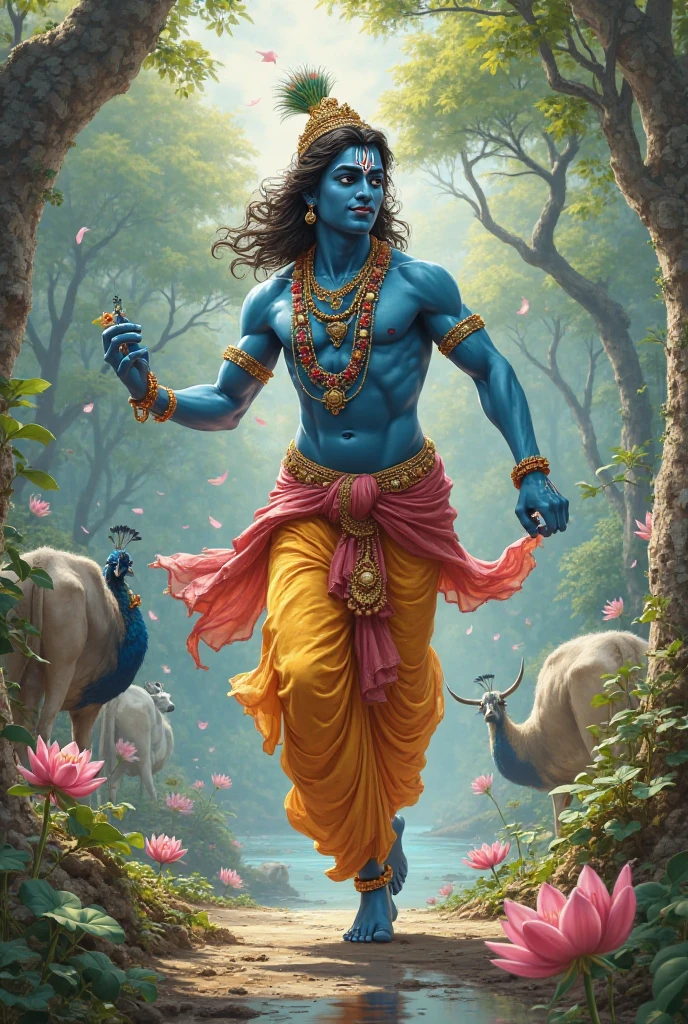 (photorealism:1.2), ((best quality)) Create an illustration of lord Vishnu, lean muscle and athletic bluish body, with a monkey face standing proudly in a grand palace setting. Vishnu, with a mix of arrogance and confidence, should be depicted wearing traditional sage attire and holding his kartals and veena. In the background, show a beautiful princess with a flower garland in her hand, laughing at vishnu's appearance. The palace should be richly decorated, highlighting the contrast between Vishnu's proud stance and the princess’s amused reaction. Capture the moment with vibrant colors and expressive facial expressions.