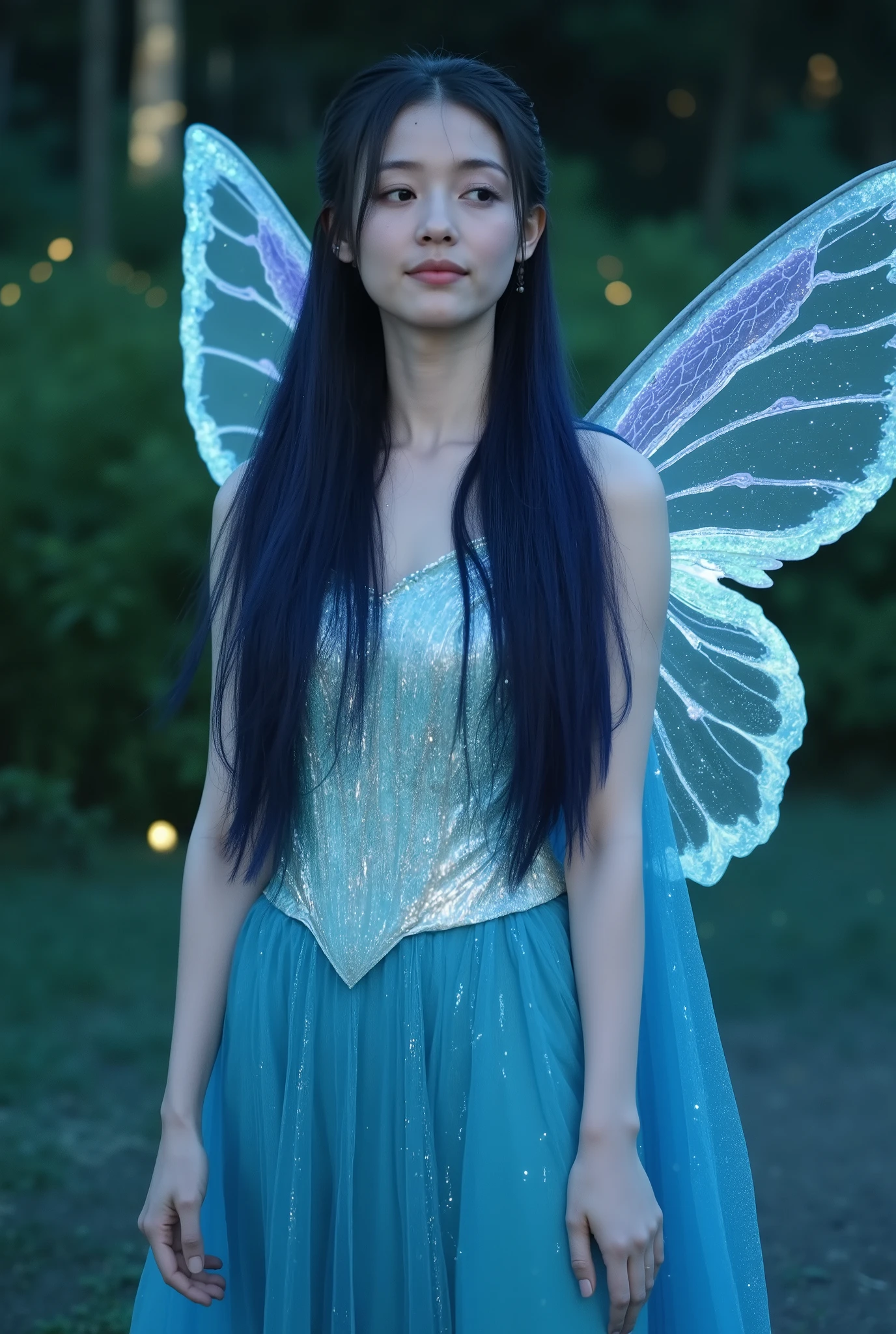 A breathtakingly realistic fantasy portrait of an enchanting fairy, captured in a close-up shot with a shallow depth of field. The fairy has long, luxuriant dark blue hair cascading down her back like a flowing waterfall, highlighted by soft lunar light. She wears an iridescent ocean-blue gown that shimmers with an otherworldly glow, accentuating her graceful figure. Her delicate, diaphanous wings emit an ethereal, soft light, resembling a celestial butterfly. The background features an enchanted forest, alive with luminous flora and glowing fireflies that add to the dreamlike ambiance. The scene is rendered in stunning photorealistic quality, with hyper-detailed textures and intricate, feathery details on her wings and gown. Cinematic lighting casts soft shadows and highlights her features, creating a mystical aura around her. The HDR, volumetric lighting adds a rich, atmospheric depth to the entire composition, inviting viewers into this immersive, fantastical world.