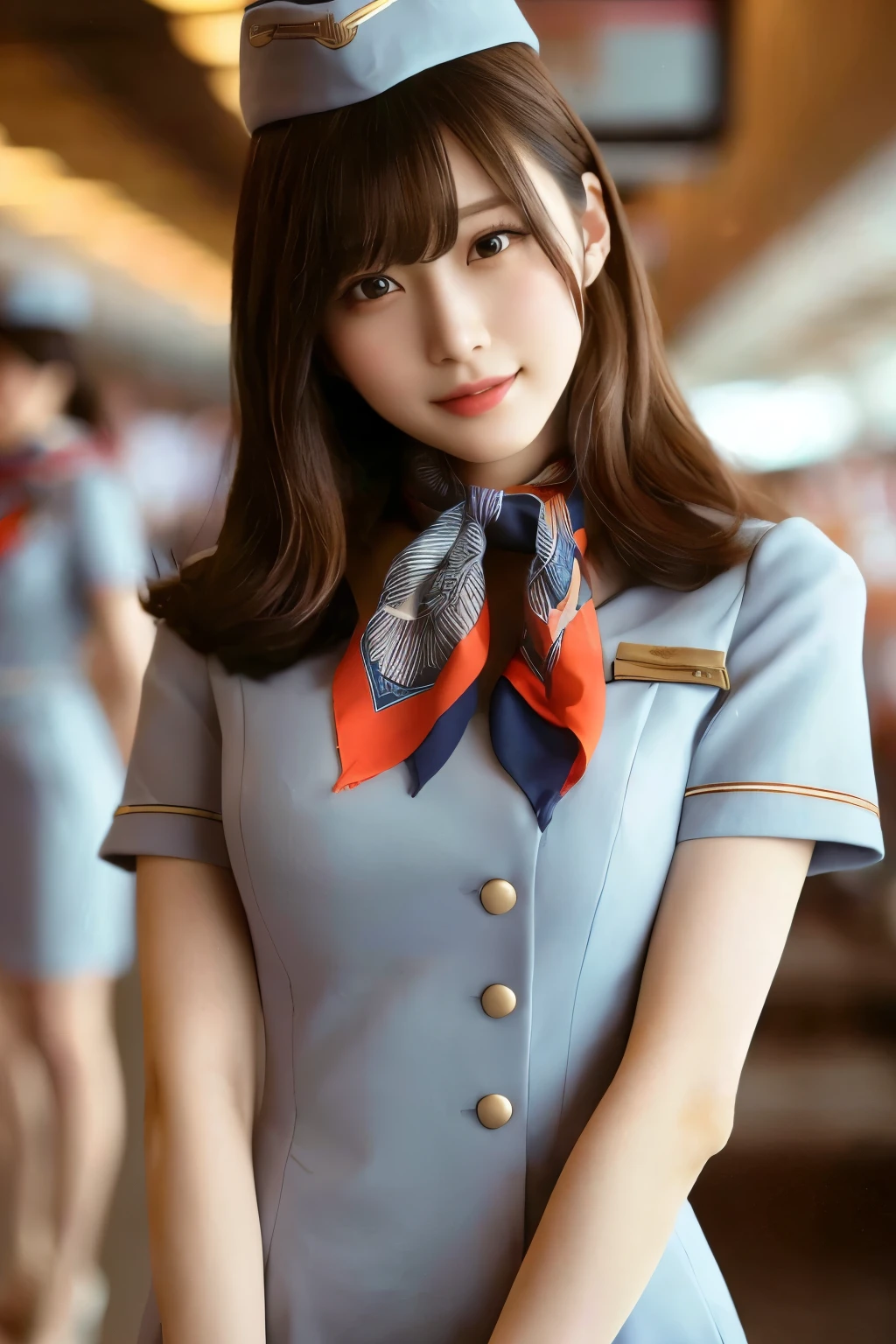 depth of field, airplane , シャツとscarf, Beautiful uniform, Attractive Woman , Age 25, Oshitoyaka, 濃い化粧, smooth and perfect clothes, black hair, uniform, Cinematic Writing, YOKOHAMA SHIRT , scarf, Work clothes, beautiful woman, In progress, Japanese women turning their hips, uniform, Office Wear