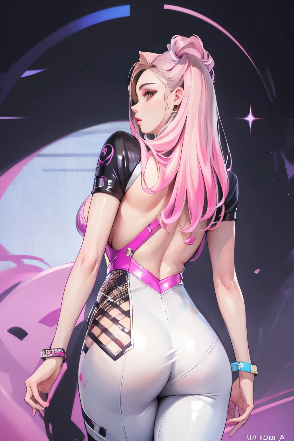 ((today kda)), back view , BIG ASS, perfect breast, beautiful, Sensual, thin, , highly detailed, image focused in depth, realistic full-size photo , Sensual jumpsuit