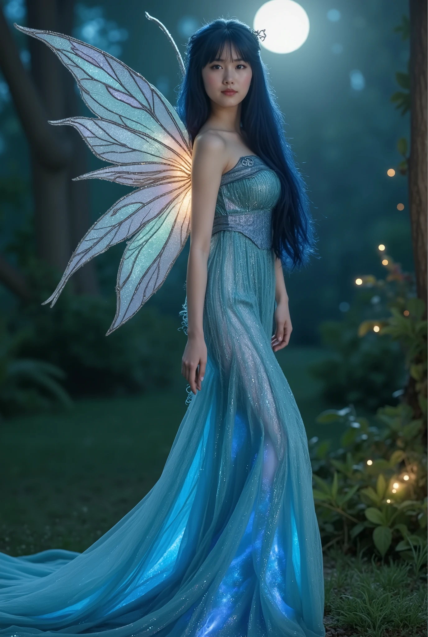 A breathtakingly realistic fantasy portrait of an enchanting fairy, captured in a close-up shot with a shallow depth of field. The fairy has long, luxuriant dark blue hair cascading down her back like a flowing waterfall, highlighted by soft lunar light. She wears an iridescent ocean-blue gown that shimmers with an otherworldly glow, accentuating her graceful figure. Her delicate, diaphanous wings emit an ethereal, soft light, resembling a celestial butterfly. The background features an enchanted forest, alive with luminous flora and glowing fireflies that add to the dreamlike ambiance. The scene is rendered in stunning photorealistic quality, with hyper-detailed textures and intricate, feathery details on her wings and gown. Cinematic lighting casts soft shadows and highlights her features, creating a mystical aura around her. The HDR, volumetric lighting adds a rich, atmospheric depth to the entire composition, inviting viewers into this immersive, fantastical world.
