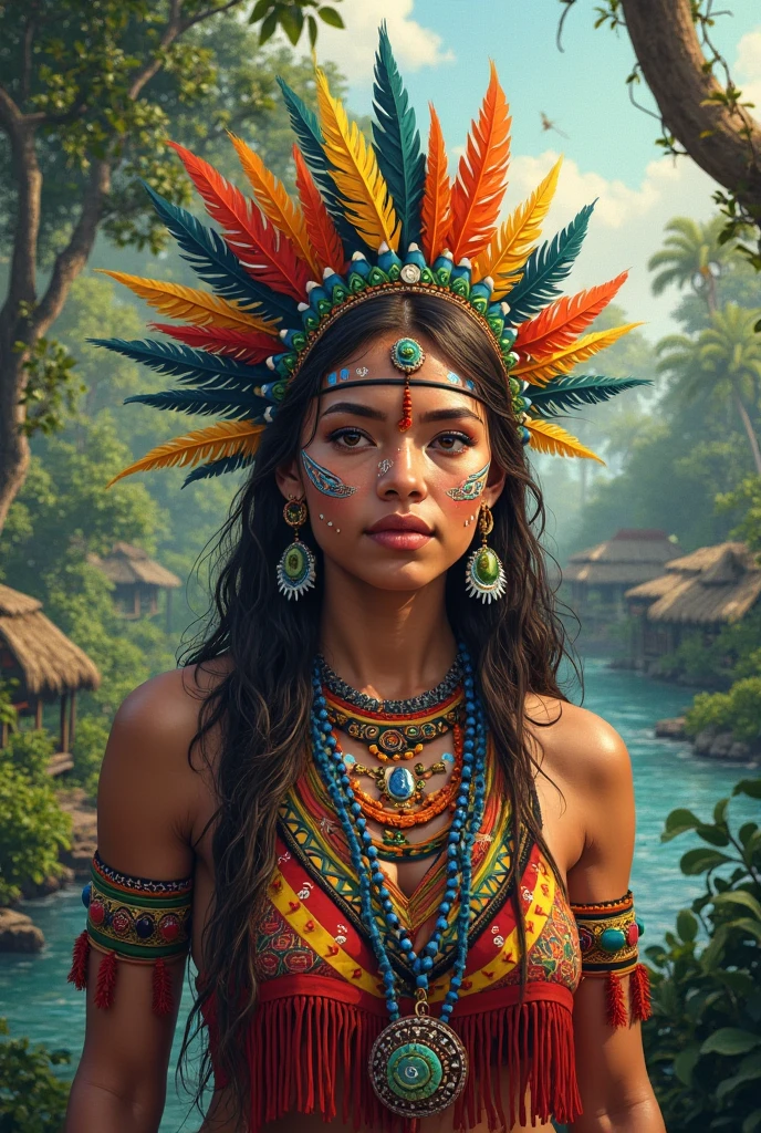 sfw:2,((best quality)), ((masterpiece)), ((realistic)), Wild Xavante India girl, full body, breast painted blue and yellow, the hair is composed of countless macaw blue parrot feather, honey eyes, extreme tanned skin, extreme long black straight hair messes over naked boobs, huge macaw blue parrot feather headdress, big cheeks, long legs, curvy, indigenous yellow and green breast painting, indigenous yellow and green facial painting, huge macaw blue parrot feather necklace, female face, metal carved top, royal aura, trend on artstation , sharp focus, studio photo, intricate detail, very detailed, detailed eye, illustration, very detailed, sharp focus, digital render, professional, 4k