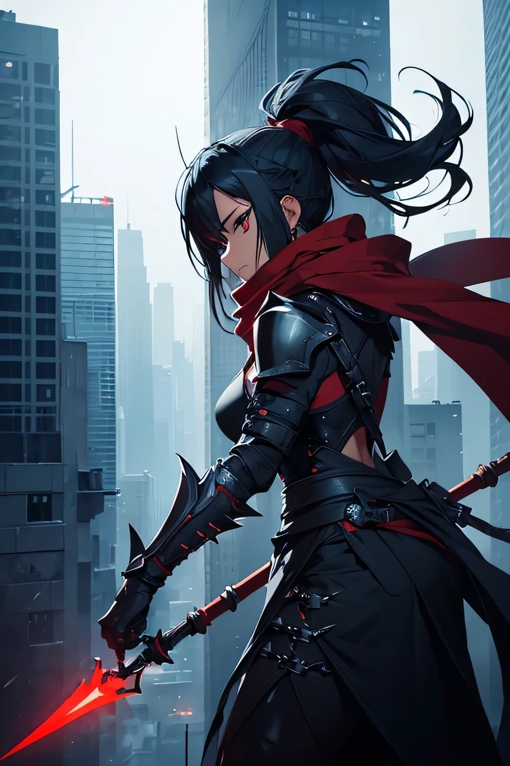 ninja, female, mechanical, heavy metal, armor, darkness, wielding chained sickle, spikes, long red scarf, standing on top of a skyscraper, best quality, high resolution, 8k, dynamic lighting, rough texture, shadowing