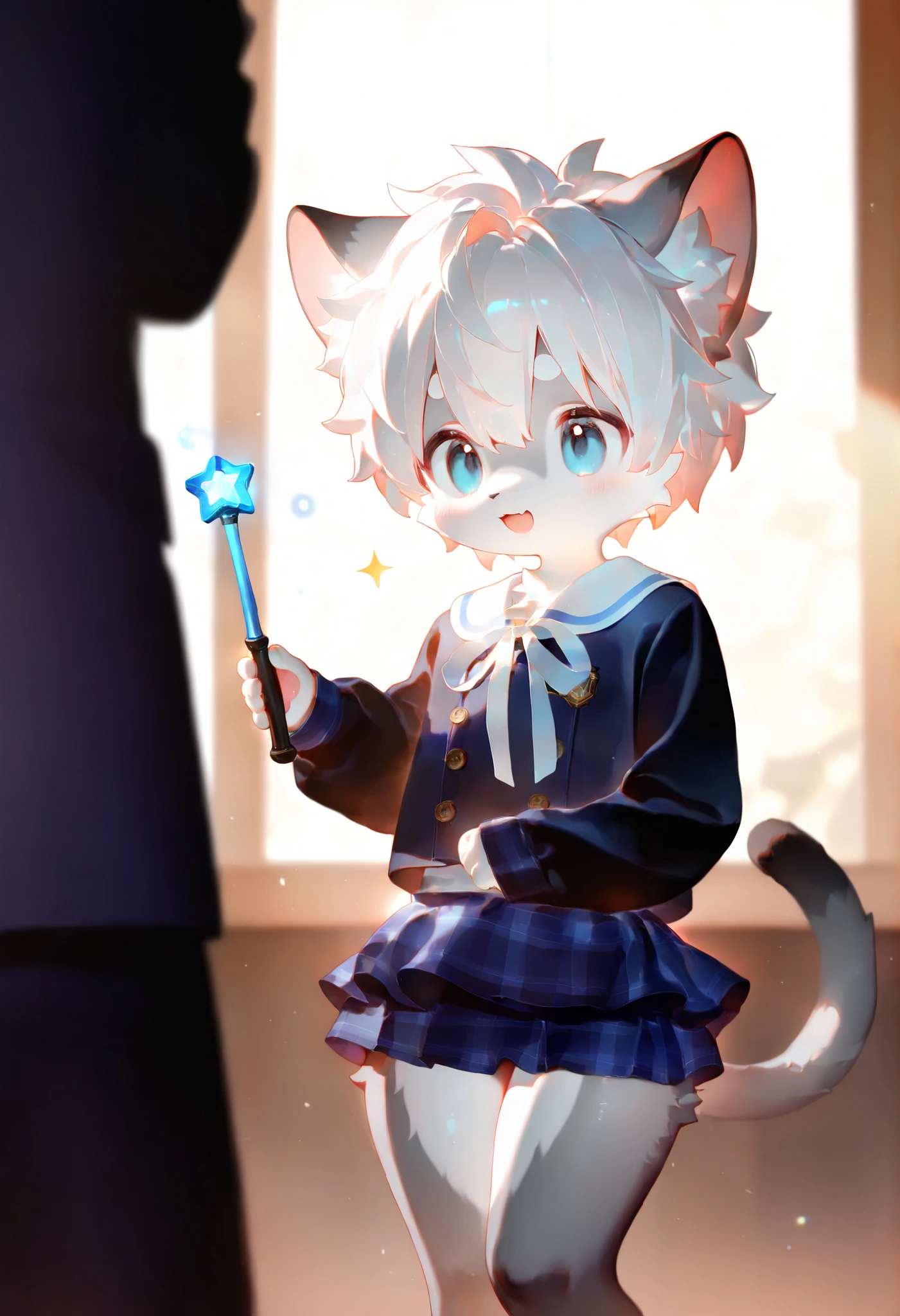 (LV1 _ Rubily ), xi410, 748 cm , alens , Nyalia , Advantages , 1 boy , unique , furry, cute, beast, masterpiece, best quality, Very Detailed,white hair and gray fur , cat,,participate, furry毛 ,trend,Dressed like a magical ager,Mini Skirt, Magic Wand