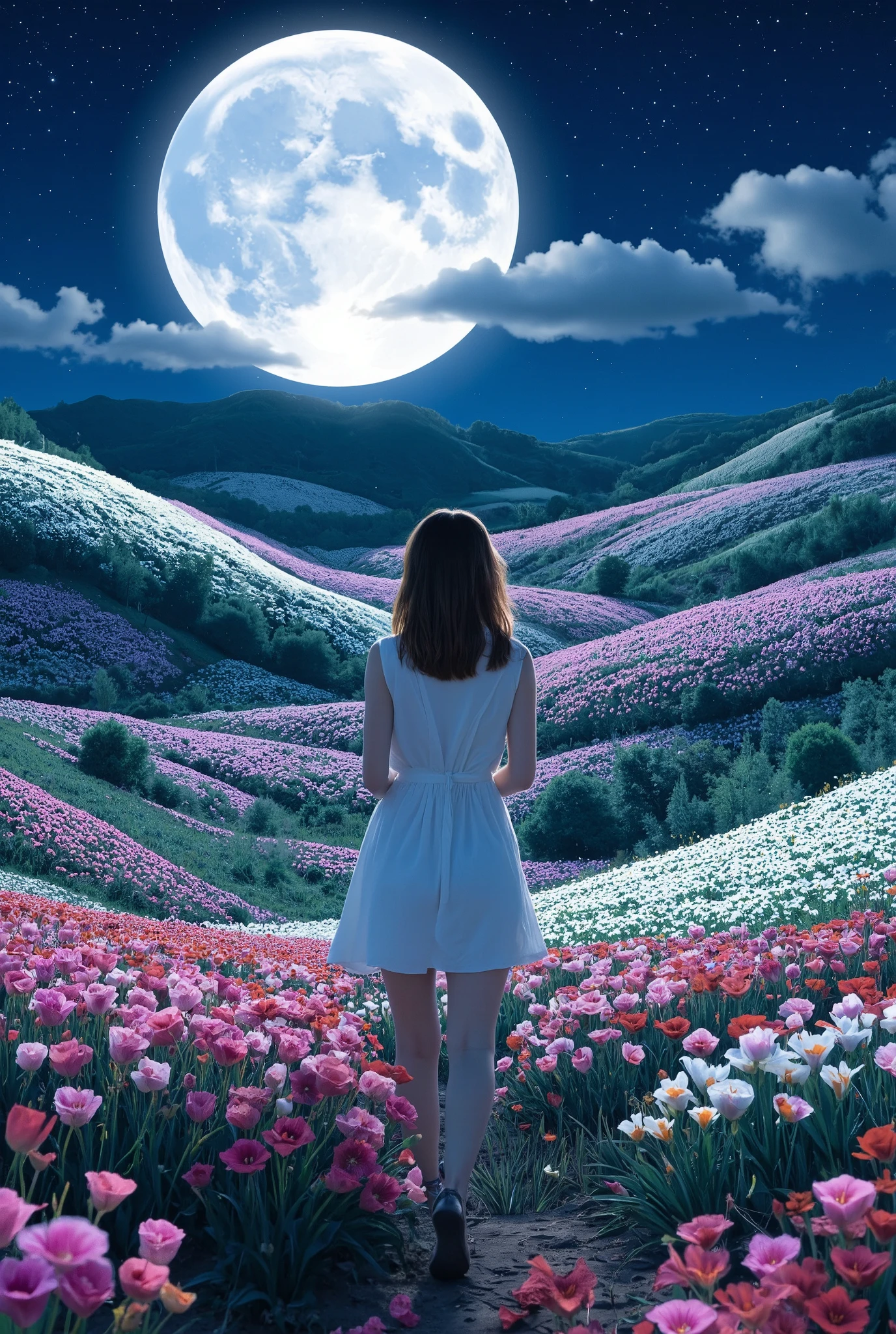 Create an image of a stunning 20-year-old Japanese girl with fair skin stands gracefully in a moonlit flower field. She has medium-length straight hair with parted bangs, and she wears a white summer dress. The background features a stunning patchwork of flowers sprawling across the hills, illuminated by the enchanting glow of a large moon, creating a magical atmosphere.