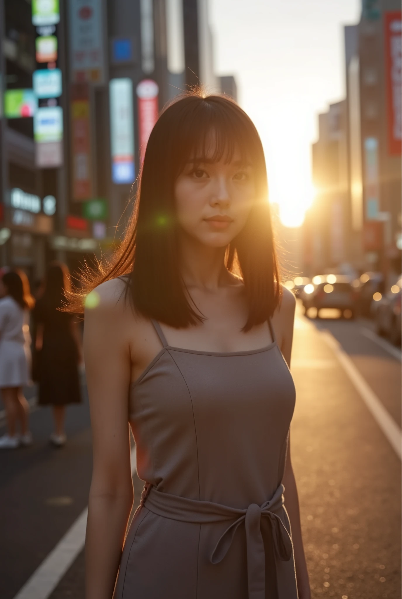 A close-up shot of a young woman standing on a bustling Tokyo street at golden hour. Her straight hair flows softly in the breeze, with the lighting casting dramatic shadows and highlighting her silhouette. The sun creates beautiful sunstars around the edges of the scene, with the sunlight streaming in from the side, adding warmth to the entire composition. The background is a vibrant cityscape, filled with neon lights and the energy of Tokyo streets, blending into a dreamlike urban atmosphere. The color grading has rich, warm tones that enhance the mood, giving the image a cinematic feel, as if taken through a CamCan filter. The composition is crisp and balanced, with the perfect combination of natural and urban elements, creating a modern, stylish vibe that embodies the spirit of the city.
