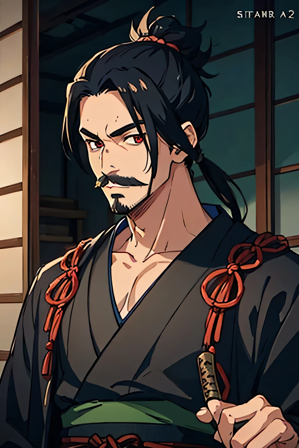 32 year old man, japanese, a samurai, muscular , red eyes, black hair, wears a black samurai kimono, has a moustache, Swordsman, hair on a pigtail, facing the future, anime