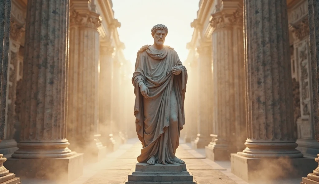 Une statue en marbre blanc grec réaliste et soigneusement détaillée de Marc Aurèle portant une toge fantomatique, fond sombre, lunatique, , photoréaliste, Dîner cinéma réfléchi, super détaillé, hyper réaliste, lumière faible, 8k