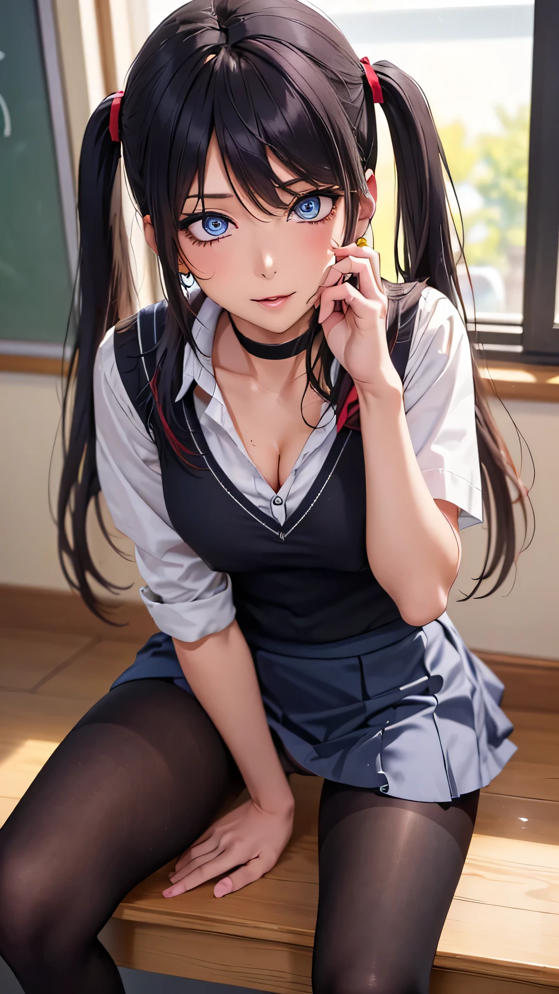 (((Clean School Uniform))),(((Strict school uniform))),((clean underwear)),Ultra High Resolution , mature woman, mature woman, very well detailed, (( beautiful feet)), perfect hands, Fine fingers , beautiful details , ((Long, long hair)),((twin tails)),black choker, earrings,perfect eyes, seductive eyes, (((miniskirt))),(( sexy)),((schools)),pantyhose, open your legs wide