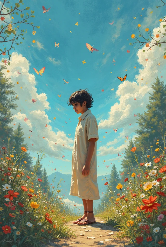 (((best quality)))), Realistic, authentic, beautiful and amazing landscape with a boy on the field oil painting Studio Ghibli Hayao Miyazaki pasture petals with blue sky and white clouds, no humans.the windshield flashing pink, pink glancing off of metal, brushing the dented flank of blue, beat-up enamel, Studio Ghibli