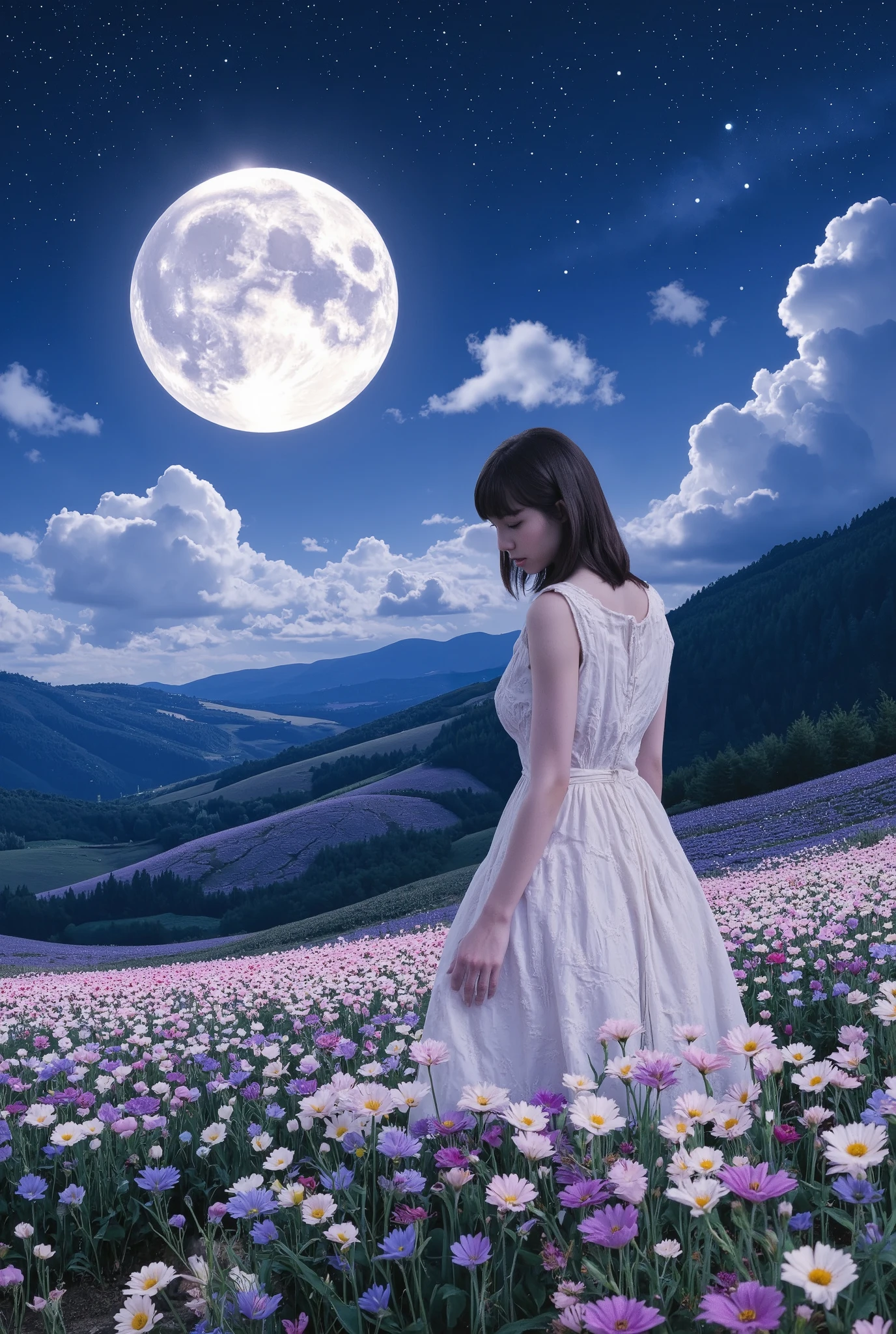 Create an image of a stunning 20-year-old Japanese girl with fair skin stands gracefully in a moonlit flower field. She has medium-length straight hair with parted bangs, and she wears a white summer dress. The background features a stunning patchwork of flowers sprawling across the hills, illuminated by the enchanting glow of a large moon, creating a magical atmosphere.
