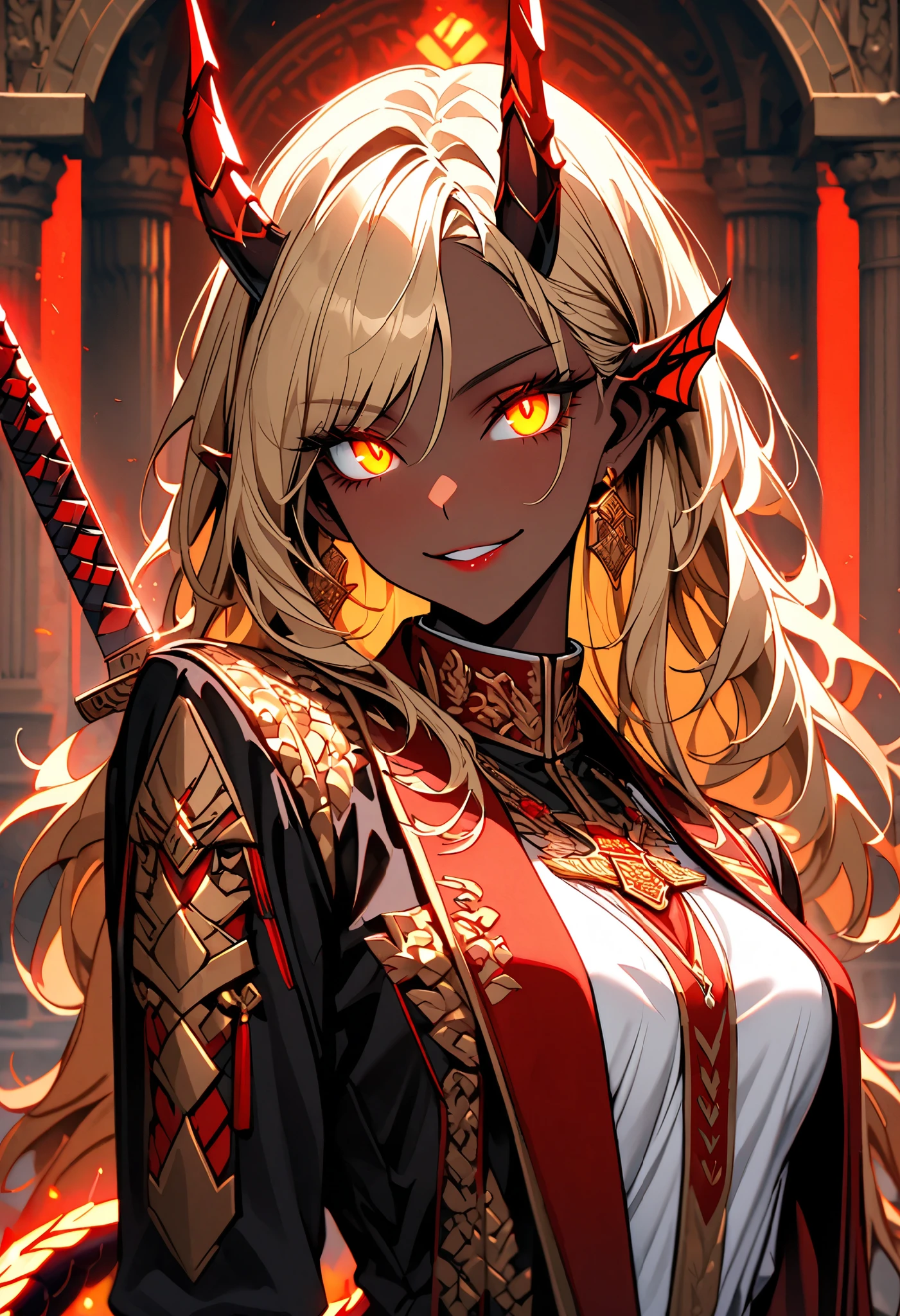 solo, female, dragon girl, red scales, gold scales, glowing eyes, amber eyes, very tall female, 6'5", muscular frame, surprising grace and agility, small fire breathing, strong, bracers, warrior, close up, smile, looking at viewer, ambassador, wealthy, luxurious, ancient, palace, tan skin, draconic headfins, draconic horns and tail, ceremonial sword, long blonde hair, elegant yet practical, tailored suit, casual pose