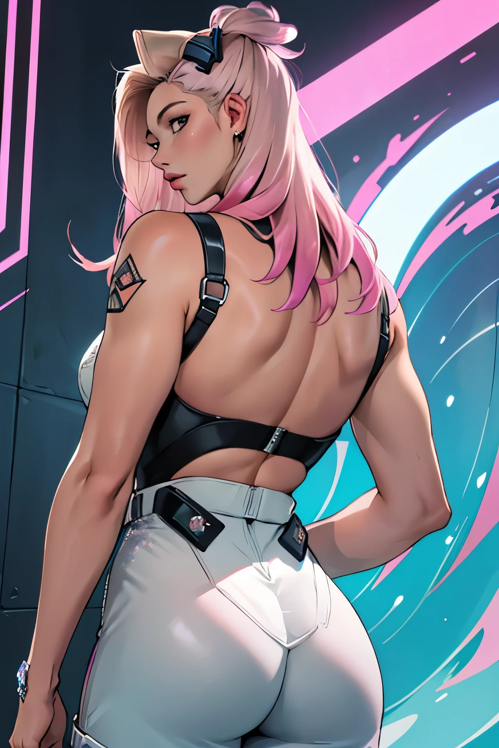 ((today kda)), back view , BIG ASS, perfect breast, beautiful, Sensual, thin, , highly detailed, image focused in depth, realistic full-size photo , Sensual jumpsuit