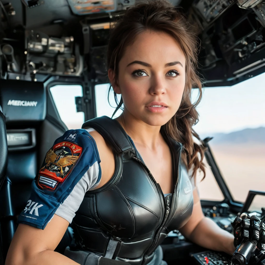 1girl in, 30 years old, Square face, Long hair, Looking at viewer, jewelry, Realistic, Sexy, military combat outfit, military weapon background tank-plane-cannon-gun, pose freedom for everyone