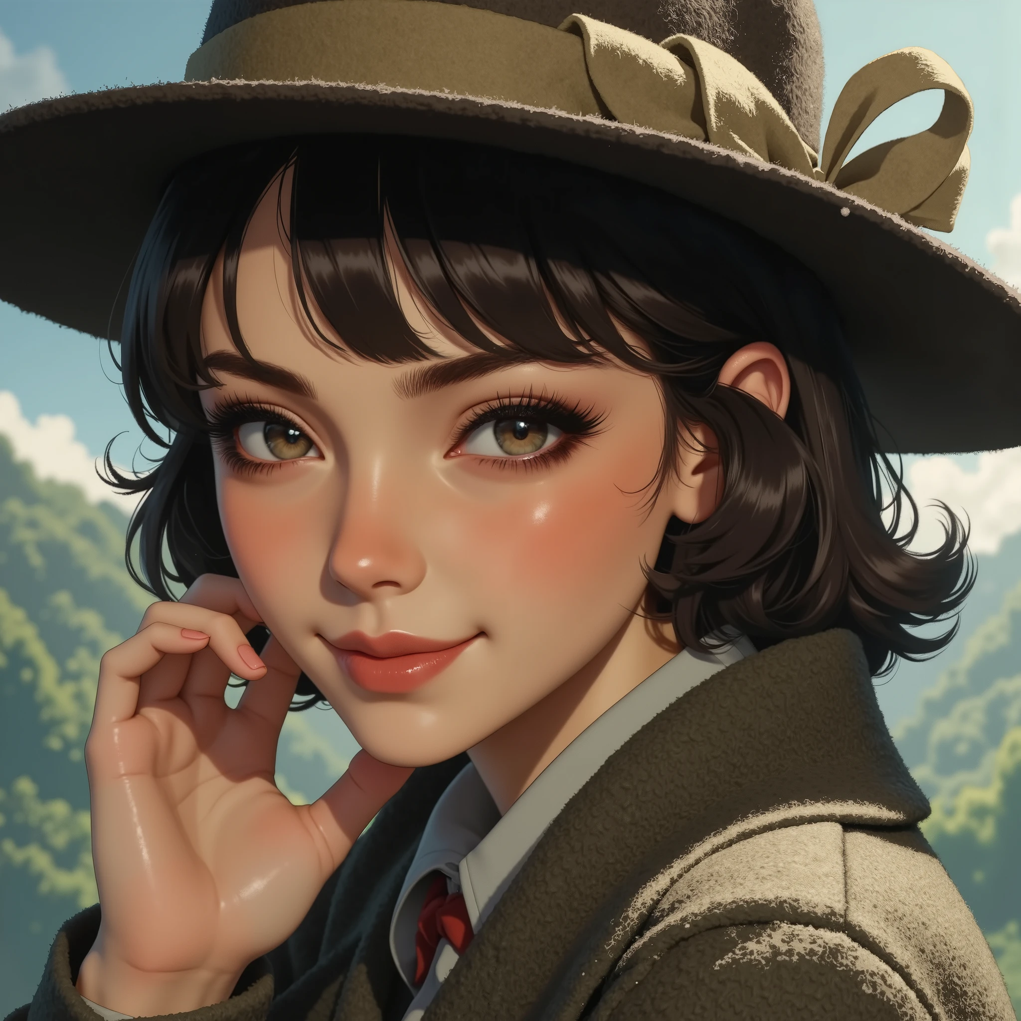 1girl,portrait、Anatomically correct hands.,(( wool felt hat)) , Grabbing the hat.. Rough textured felt fabric.very thick felt fabric hat.,focus hat,Woman wearing wool felt hat. Wool fine texture. hand.Smiling face. A profile. Side eyes.smiling at viewer,anime art,modernretroanime,Perfect hand
Anime,. Mature woman. Sharp-eyed woman.
