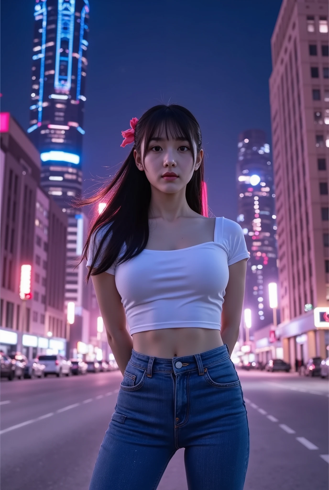 A high-quality, detailed masterpiece featuring a young girl, Mayumi Saegusa, standing confidently in a futuristic neon-lit city at night. The city’s glowing lights cast a vibrant mix of pink, blue, and purple hues across the scene, creating a dynamic contrast against the deep, starry sky above. Mayumi has long black hair flowing elegantly in the breeze, adorned with a delicate ribbon that enhances her graceful presence. Her striking red eyes shine brightly, matching the neon glow of the city around her. She is dressed in stylish stretch jeans that fit perfectly, adding a modern touch to her appearance. The streets are bustling with life, while the backdrop features towering skyscrapers bathed in neon lights. The intricate details of the city are reflected in her eyes, creating a mesmerizing visual. The atmosphere is both futuristic and dreamlike, with a harmonious blend of urban energy and cosmic tranquility.