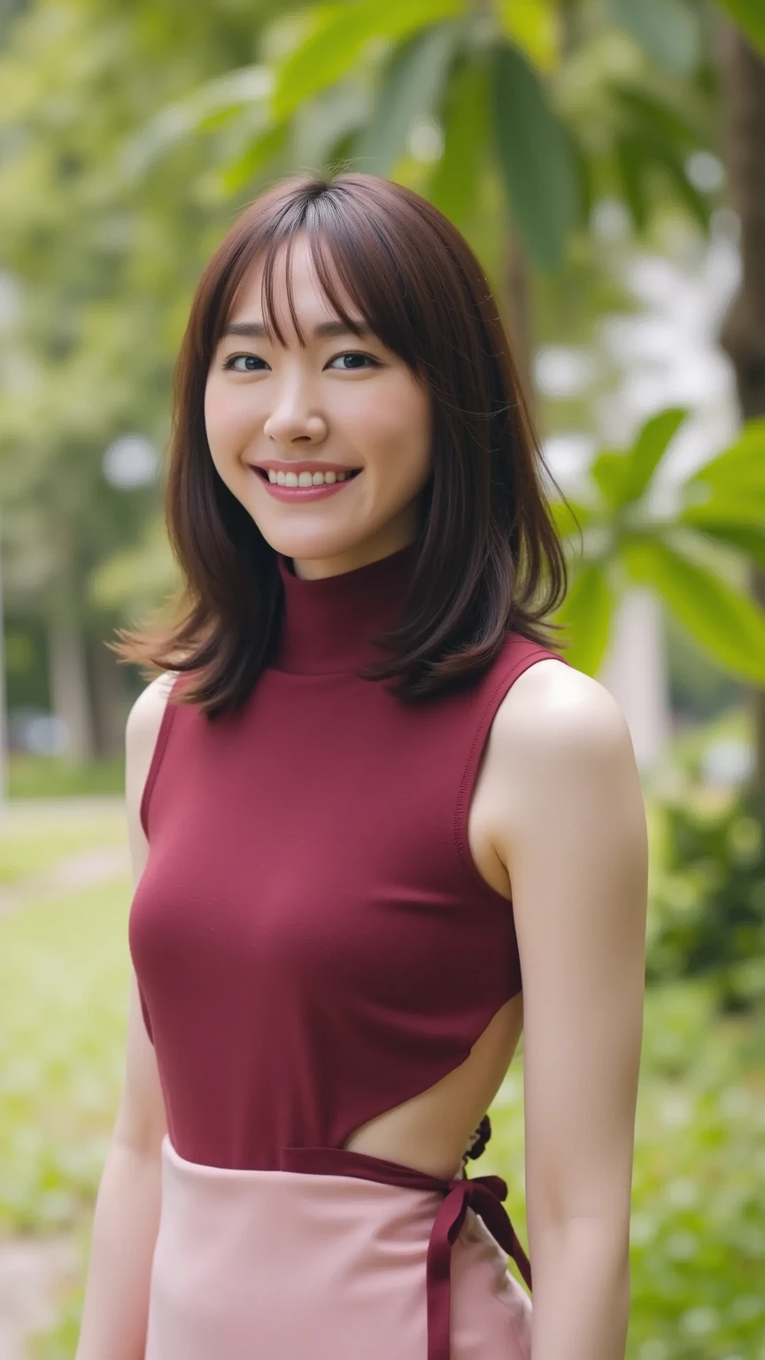 最high quality, In 8K, Masseter region, Vibrant, Sharp focus, high quality, High resolution, Detailed face, fine grain, Thick lips, (Looking at the audience), alone, Beautiful woman, 38 years old, Japanese women, （Short black hair:1.4）、（Bob Hair:1.4）, Cleavage, Lunch break、Large city park、Green Grass、（sitting on a park bench:1.3）、（Full body photo:1）、（Bright pink formal dress:1.5）、（Knee length dresses:1.5）、（Black pumps:1.5）、（Red lipstick:1）、（smile:1.3）、（Standard body type）、（D cup breasts）