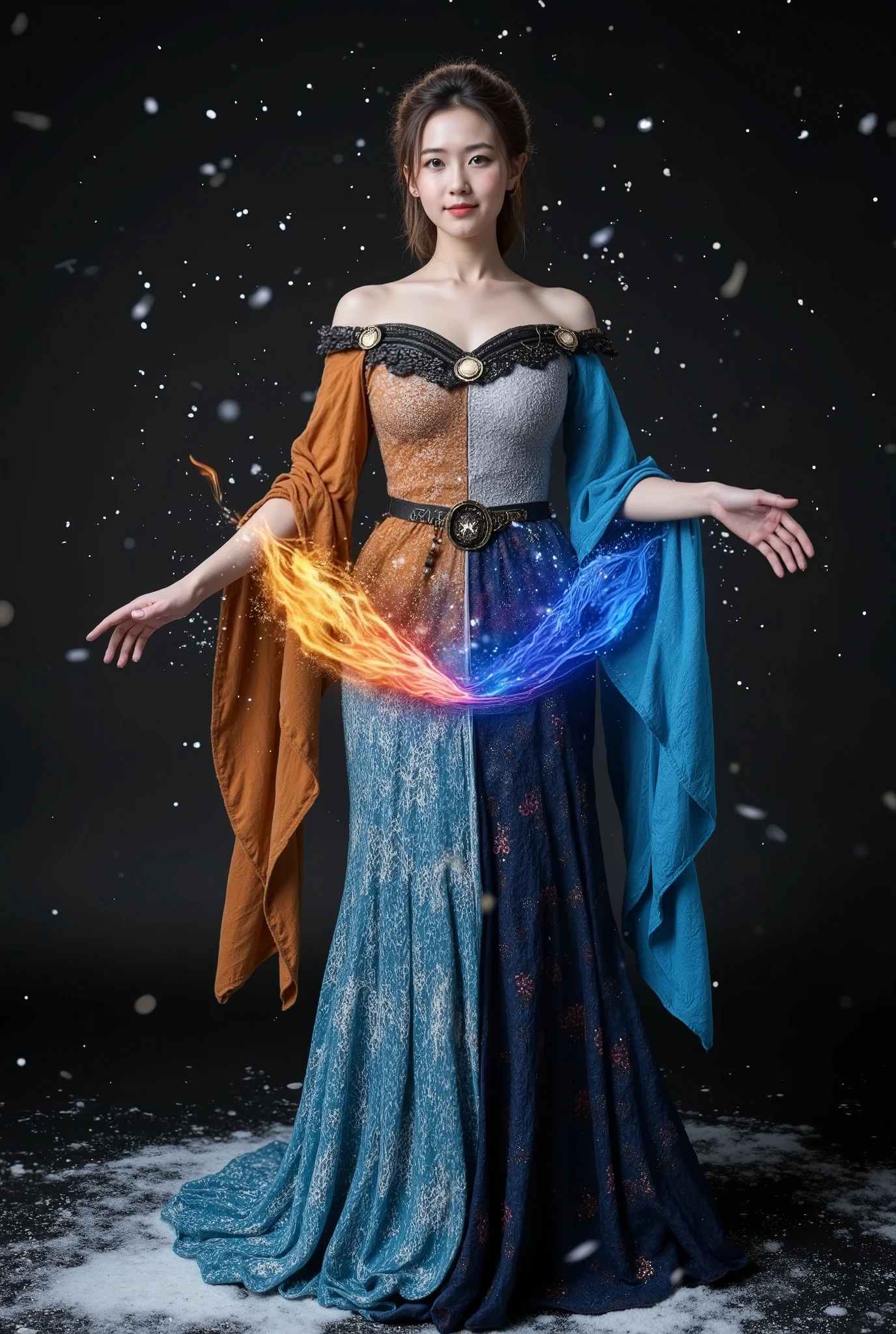 A stunning, slender female wizard stands at the center of a mystical dark fantasy world, poised to cast an enchanting spell. Her off-shoulder costume, decorated with intricate rings, flows gracefully, its fabric shimmering with rich textures that catch the magical light surrounding her. Her fair skin emits a soft, ethereal glow, accentuating her mesmerizing blue eyes and a subtle, captivating smile. Elemental energies swirl around her, combining fire, water, wind, and ice in a spectacular display. These elements pulse with life, creating a breathtaking balance of heat, cold, and fluid motion in the air. The background is stark black, with a hint of snow gently falling, adding a layer of mystery and contrast to the otherwise colorful display of energy. The wizard’s pose is dynamic, her hands and fingers perfectly positioned as if controlling the elements with pure focus. Her anatomy is flawless, highlighted by cinematic lighting that creates depth and sharp details. Floating dust and debris further enhance the scene's realism, capturing the intensity of the moment. The shot is taken with a cinematic camera, HDR quality, delivering a crisp, ultra-high-definition image with immaculate sharpness, highlighting every intricate detail, from the glistening texture of ice to the warmth of fire. The composition is fluid yet powerful, showcasing both action and grace.