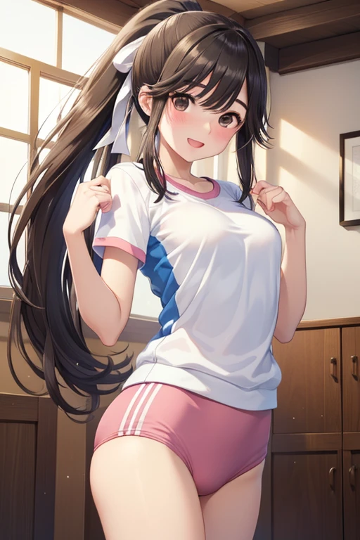 cute, girl, junior high school student, black hair, twin tails, school gym suit, short sleeves, shorts, white socks, small bust, blush, smile, see-nipples