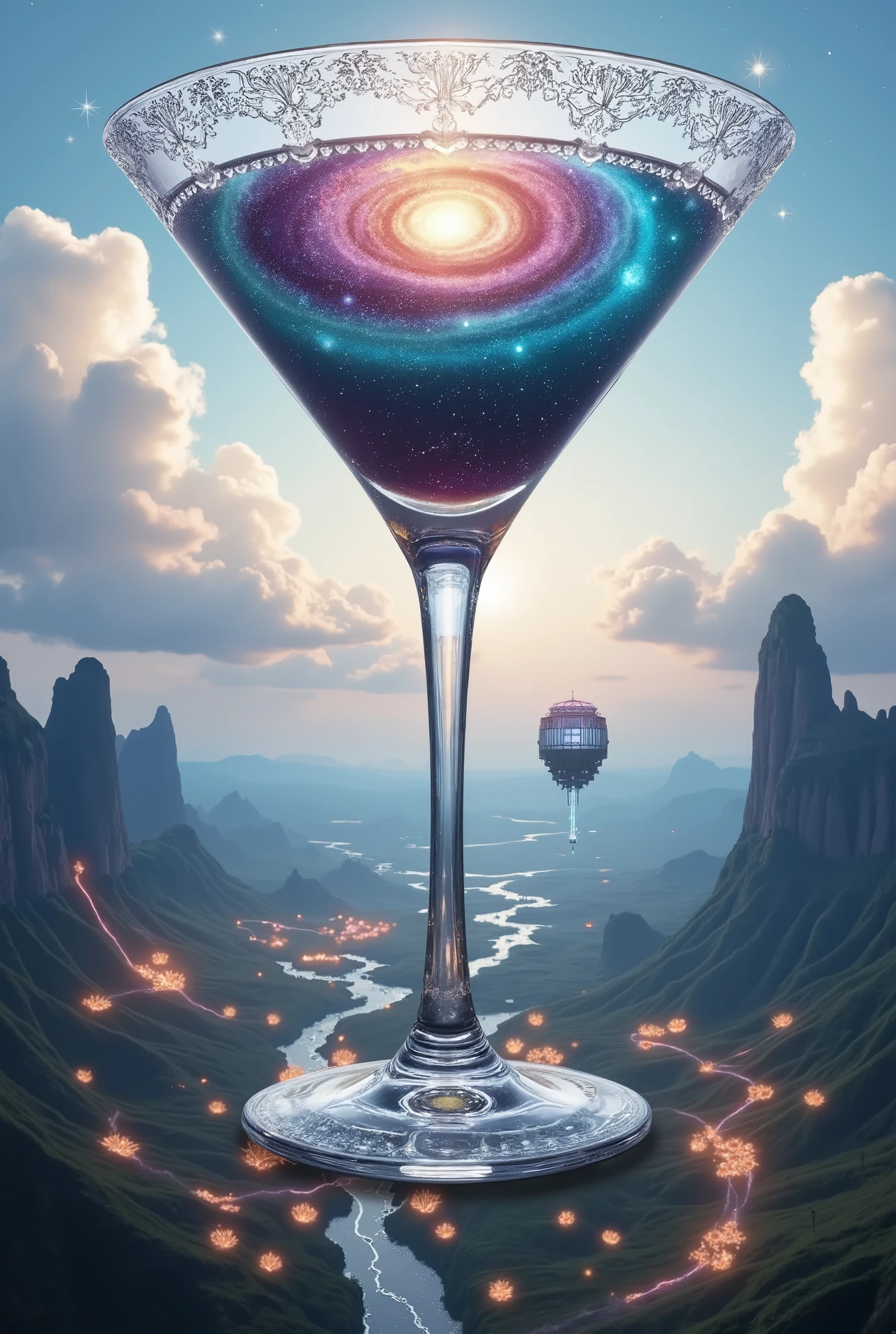 A surreal digital painting of a vast, otherworldly landscape, where a massive martini glass rises from the ground like a monument, its bowl filled with a swirling galaxy of vibrant, cosmic colors. The galaxy spins gently within the glass, emitting soft glowing nebulae and sparkling stars, blending hues of deep blues, purples, and pinks, interspersed with flashes of gold and turquoise. The glass itself is translucent, its edges delicately etched with intricate patterns that catch the soft, diffused natural light filtering through the atmosphere.
Surrounding the glass, a surreal landscape unfolds: floating islands of crystal-like structures hover in the air, while rivers of light flow through valleys lined with luminescent plants. Ethereal clouds drift lazily across the sky, casting long, soft shadows over the terrain. The soft lighting creates a calm yet vibrant atmosphere, with every texture—whether the smooth surface of the glass or the wispy tendrils of the galaxy—rendered with meticulous detail.
The scene’s mood is serene but awe-inspiring, evoking feelings of wonder and tranquility. The color palette shifts gently from cool, tranquil blues and purples to warm, inviting oranges and golds, capturing both the peacefulness and mystery of the cosmos. The balance between light and shadow heightens the depth of the image, while subtle gradients in the sky and the galaxy's center add dimension. Each element, from the gentle ripples in the galaxy to the fine lines of the glass, contributes to the immersive and captivating nature of the piece, drawing the viewer into this dreamlike universe.