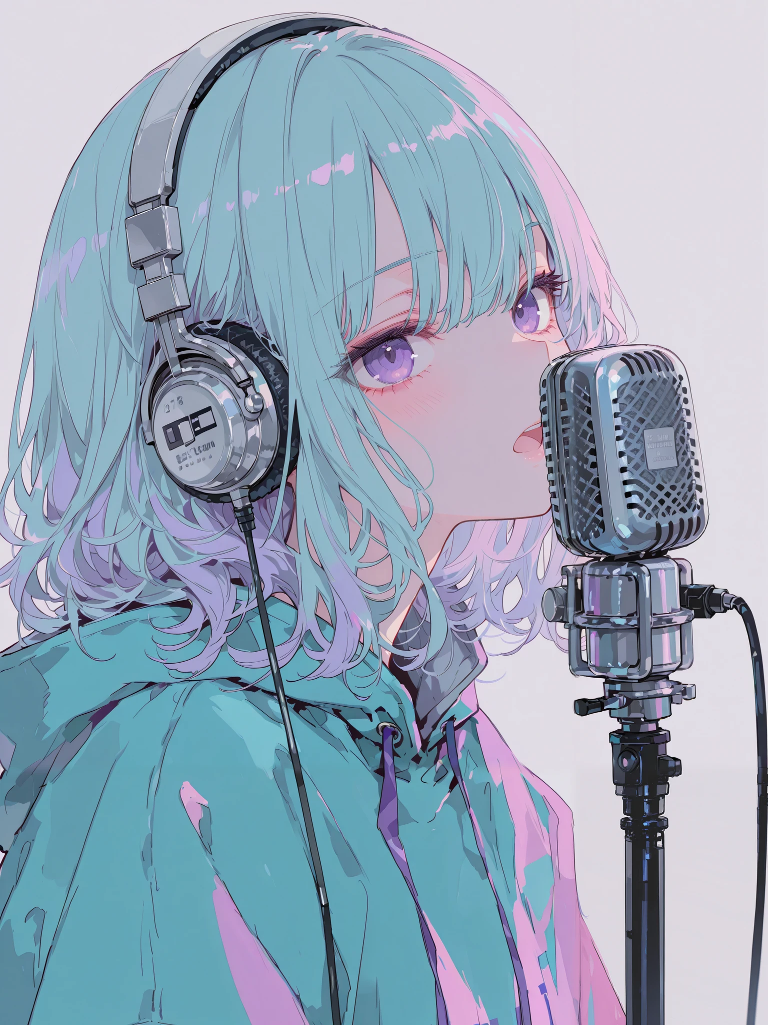 masterpiece, best quality, 4k, 8k, accurate, ultra high resolution, astonishingly beautiful, detailed_anime-style_illustration, fashion_photography, minimalist_style, young_girl, medium-long_blue_hair, wavy_hair, outward_flipped_hair, slightly_messy_hair, long_bangs, bangs_falling_between_eyes, purple_eyes, half-lowered_eyelids, singing_expression, slightly_opened_mouth, focused_gaze, subtle_breath_visible, wearing_studio_monitor_headphones, silver_rim, thick_cushions, relaxed_pose, standing_directly_in_front_of_large_studio_microphone_on_stand, pop_filter_attached_to_microphone, both_hands_gently_holding_mic_stand, fingers_wrapped_around_stand, microphone_close_to_mouth, mic_stand_clearly_visible_from_base_to_head, precise_alignment_with_mouth_height BREAK mid-shot_from_knees_up, eye-level_camera_angle, frontal_view_with_subtle_angle, subject_centered_in_frame, slight_forward_lean_toward_microphone, balanced_composition_with_negative_space, focus_on_face_and_microphone, depth_of_field_effect, subtle_perspective_shift BREAK pure_white_background, soft_diffused_lighting, high_key_lighting_effect, bold_contrast_between_subject_and_background, gentle_shadows_cast_by_subject_and_mic_stand, subtle_reflections_on_metal_microphone, tranquil_atmosphere, silence_and_tension_filled_scene BREAK monochrome_tones_with_accents_of_soft_blues_and_purples, smooth_color_transitions_on_hair, delicate_highlights_in_purple_eyes, natural_skin_shading, clean_lines_with_varied_thickness, painterly_shading_with_soft_edges, subtle_light_emphasis_on_hair_and_face, r17329_illu , 748cmstyle, toon (style)