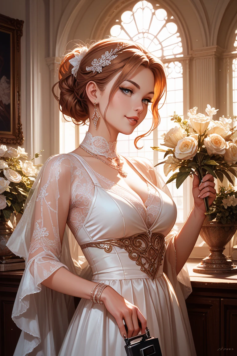 (best quality, 8k, masterpiece, highres, ultra-detailed), photorealistic, Tsukasa Hojo style, young woman, white dress, delicate floral pattern, graceful pose, garden, simple braid, gentle expression, dreamy eyes, soft lighting, romantic atmosphere, ethereal beauty, youthful innocence, delicate details, soft shadows, subtle details, realistic skin.