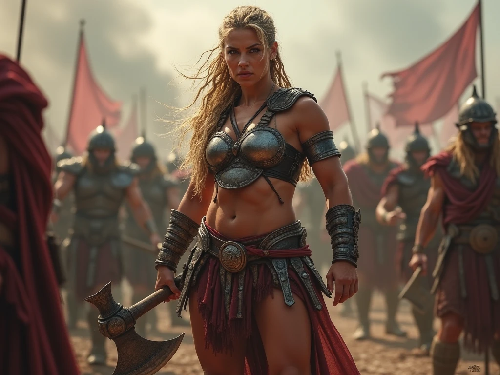 a beautiful but savage blonde female viking medieval warrior running through a ransacked and burning village
