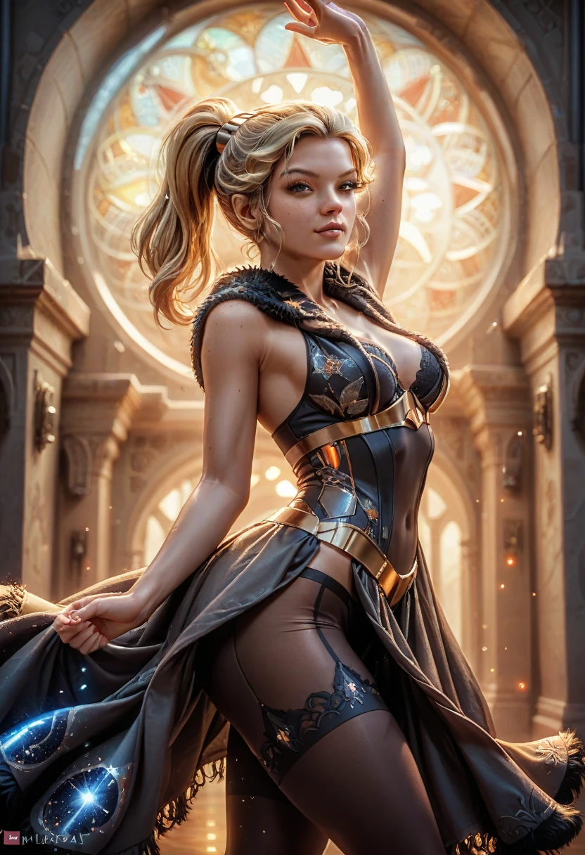 Natalie Dormer, (((from below))), busy castle, foreshortening, (seductive pose), looking at viewer, mad, Amazon maiden, (eye contact), photorealistic, masterpiece, realistic, high contrast, hyper detailed, best quality, ultra high res, photorealistic, high resolution, detailed, raw photo, huge breasts, fantasy background, glowing chest,