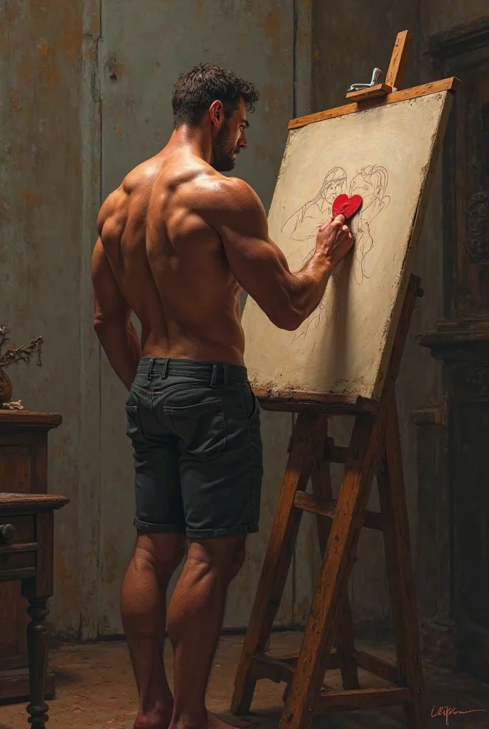 (Realistic, masterpiece, Highest quality), Nude male artist sitting at drawing board、It depicts a man。